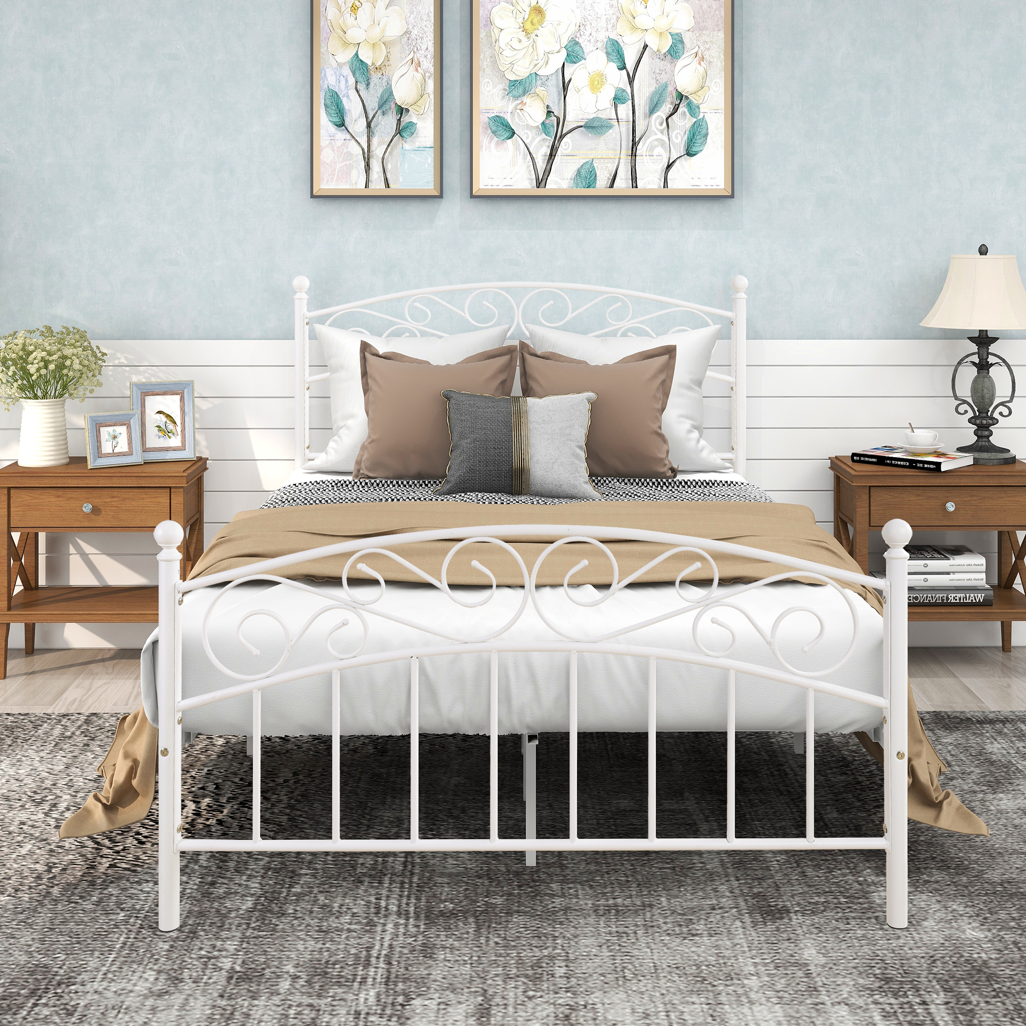 Metal bed frame platform  with headboard and footboard, heavy duty and quick assembly, Full  White-Boyel Living