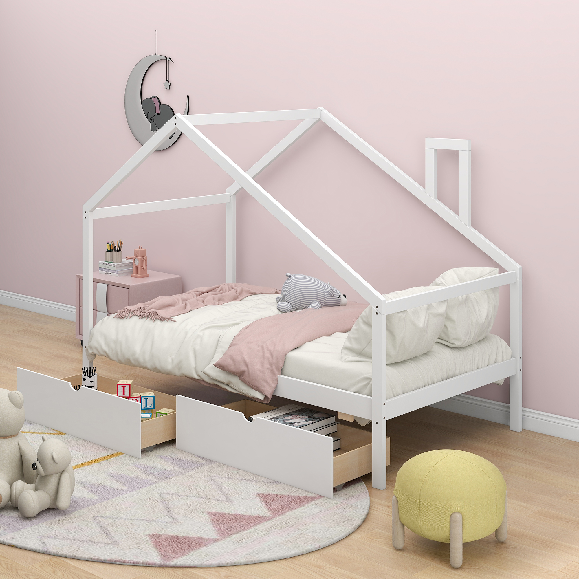 Daybed with Two Pull-out Drawers and Roof, House Bed Frame for Kids, Twin Size, White-Boyel Living