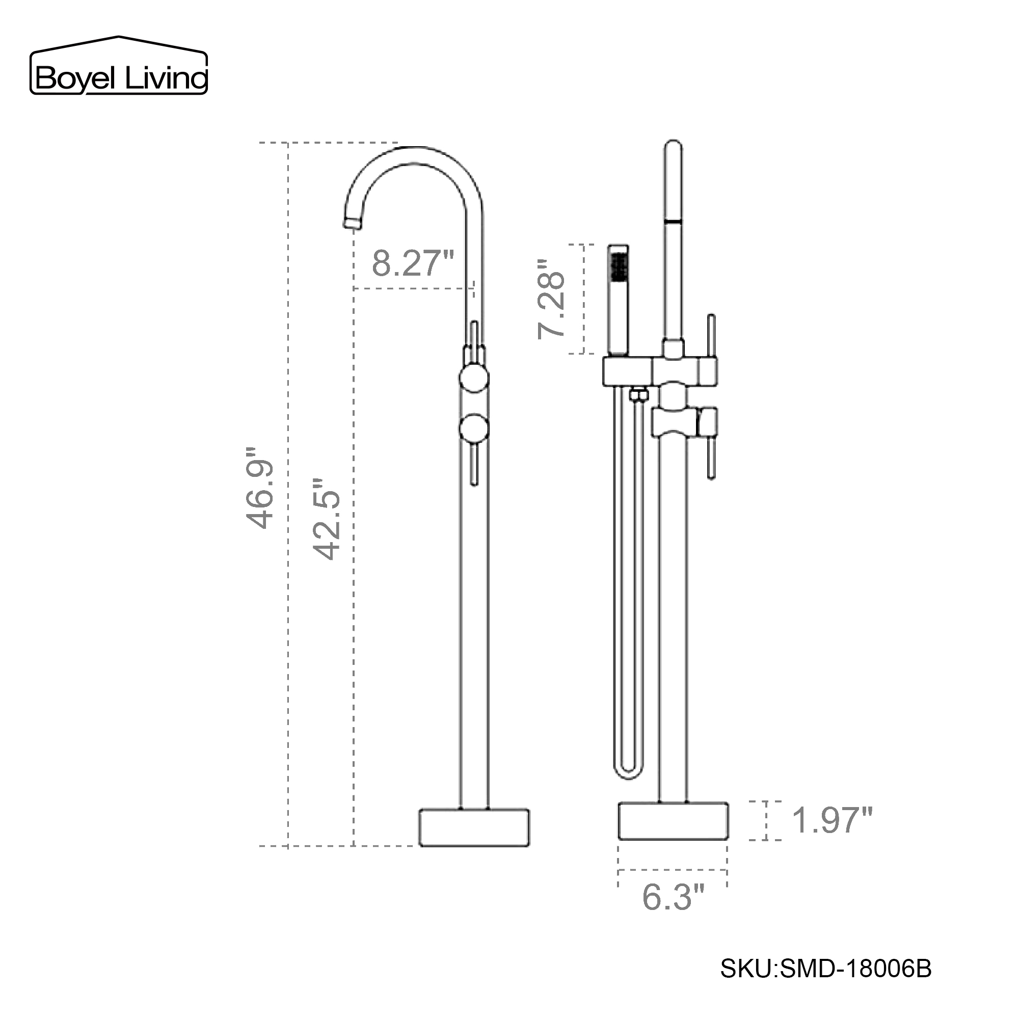 Boyel Living Freestanding Floor Mount 2-Handle Bath Tub Filler Faucet with Handheld Shower-Boyel Living