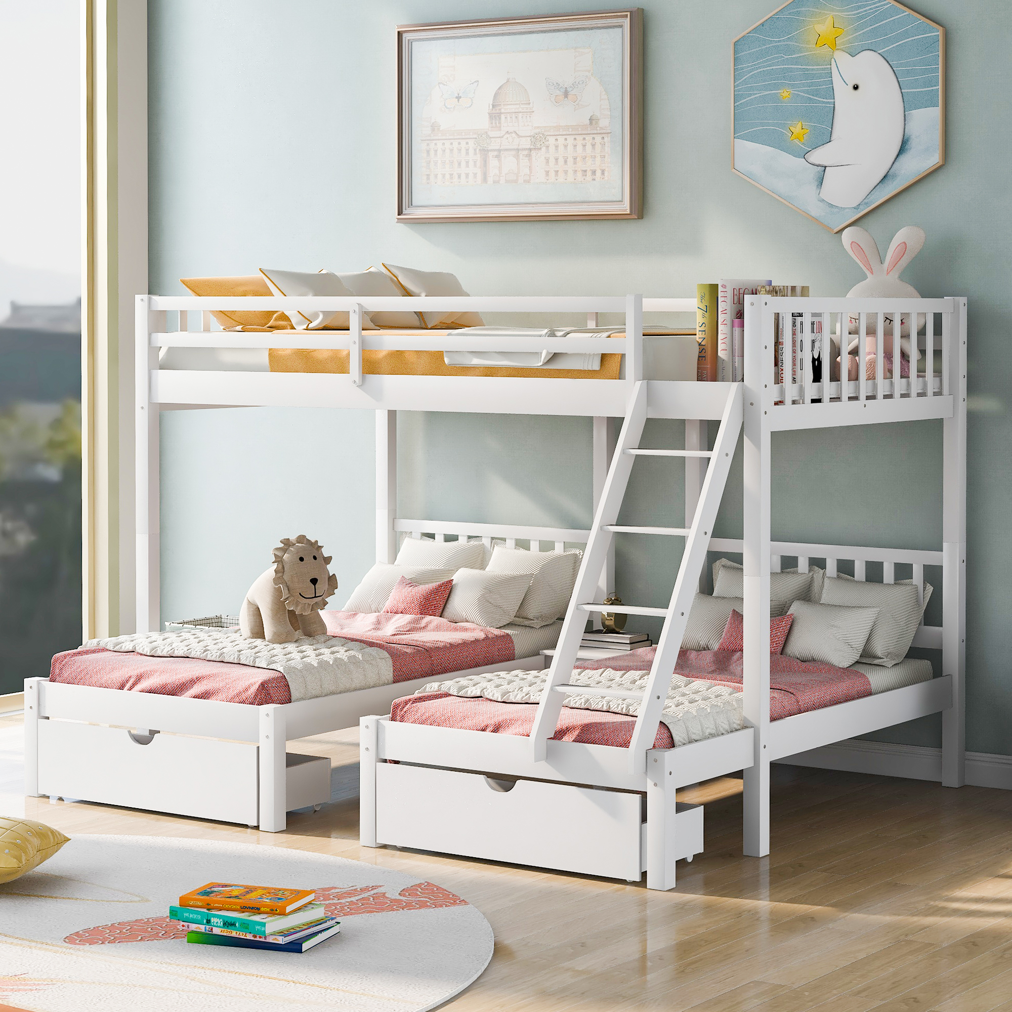 Full Over Twin  Twin Bunk Bed, Wood Triple Bunk Bed with Drawers and Guardrails (White)(OLD SKU :LP000243AAK)-Boyel Living