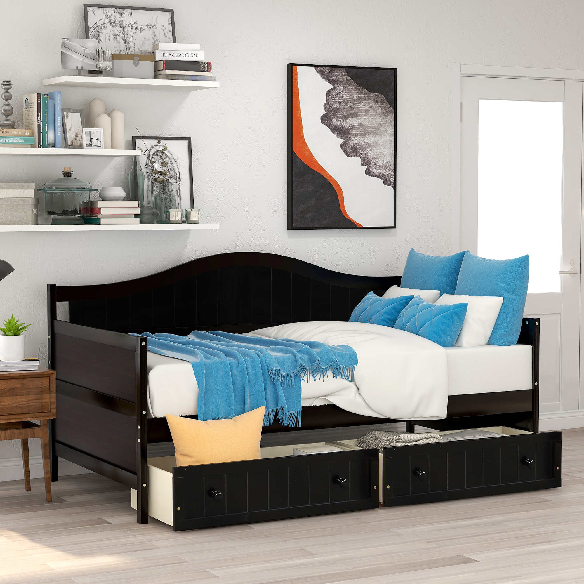 Twin Wooden Daybed with 2 drawers,&nbsp;Sofa Bed for Bedroom Living Room,No Box Spring Needed,Espresso-Boyel Living