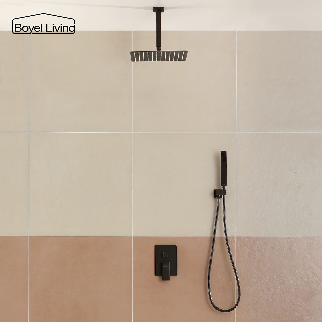 Boyel Living 1-Spray Patterns with 2.5 GPM Ceiling Mount Dual Shower Heads and Handheld Shower in Oil Rubbed Bronze, 10/12/16 in.-Boyel Living