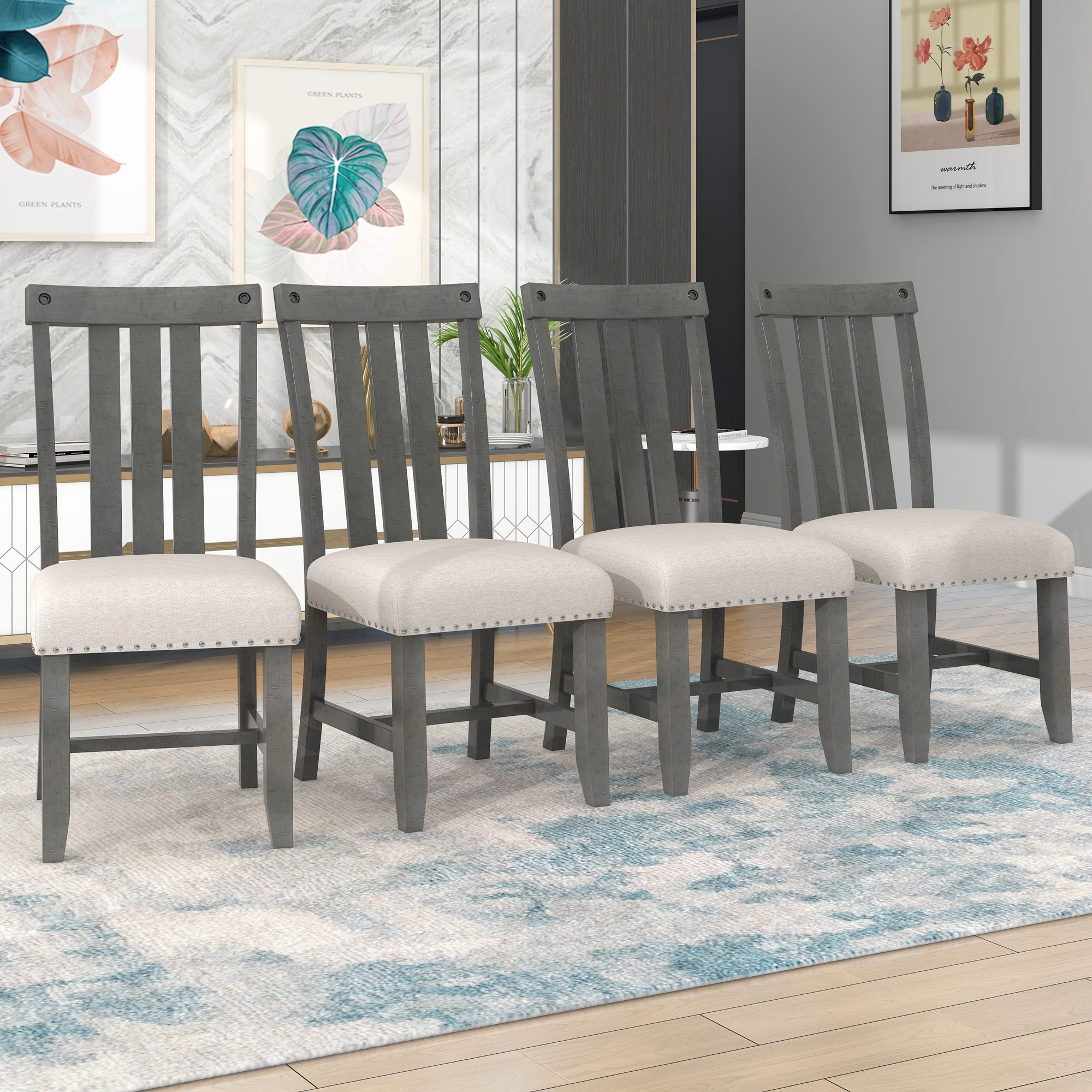 TREXM Set of 4 Fabric Upholstered Dining Chairs with Sliver Nails and Solid Wood Legs (Gray)