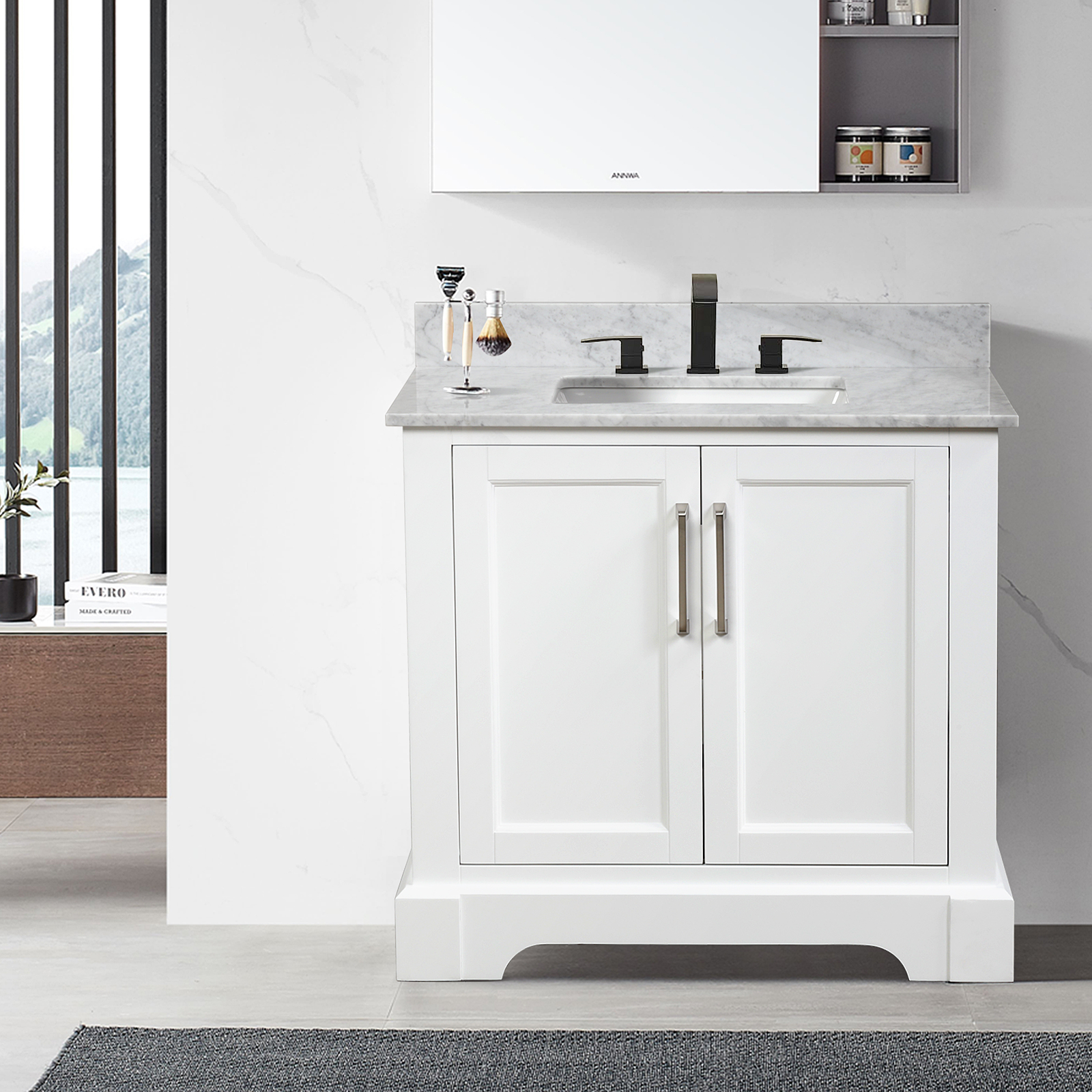 36&rdquo; Single Solid Wood Bathroom Vanity Set, with Drawers, Carrara White Marble Top, 3 Faucet Hole-Boyel Living