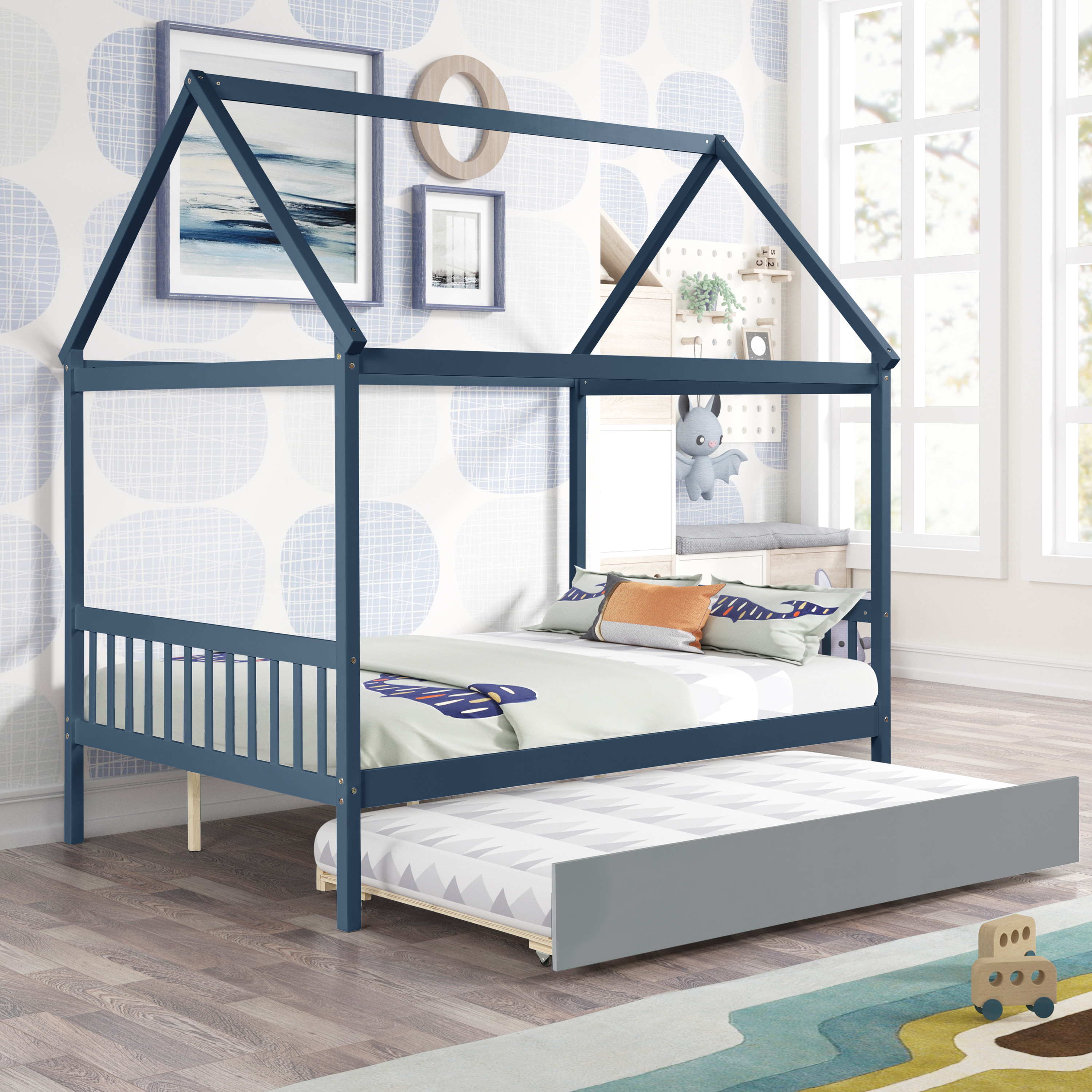 NAVY BLUE HOUSE FULL BED WITH GRAY TRUNDLE