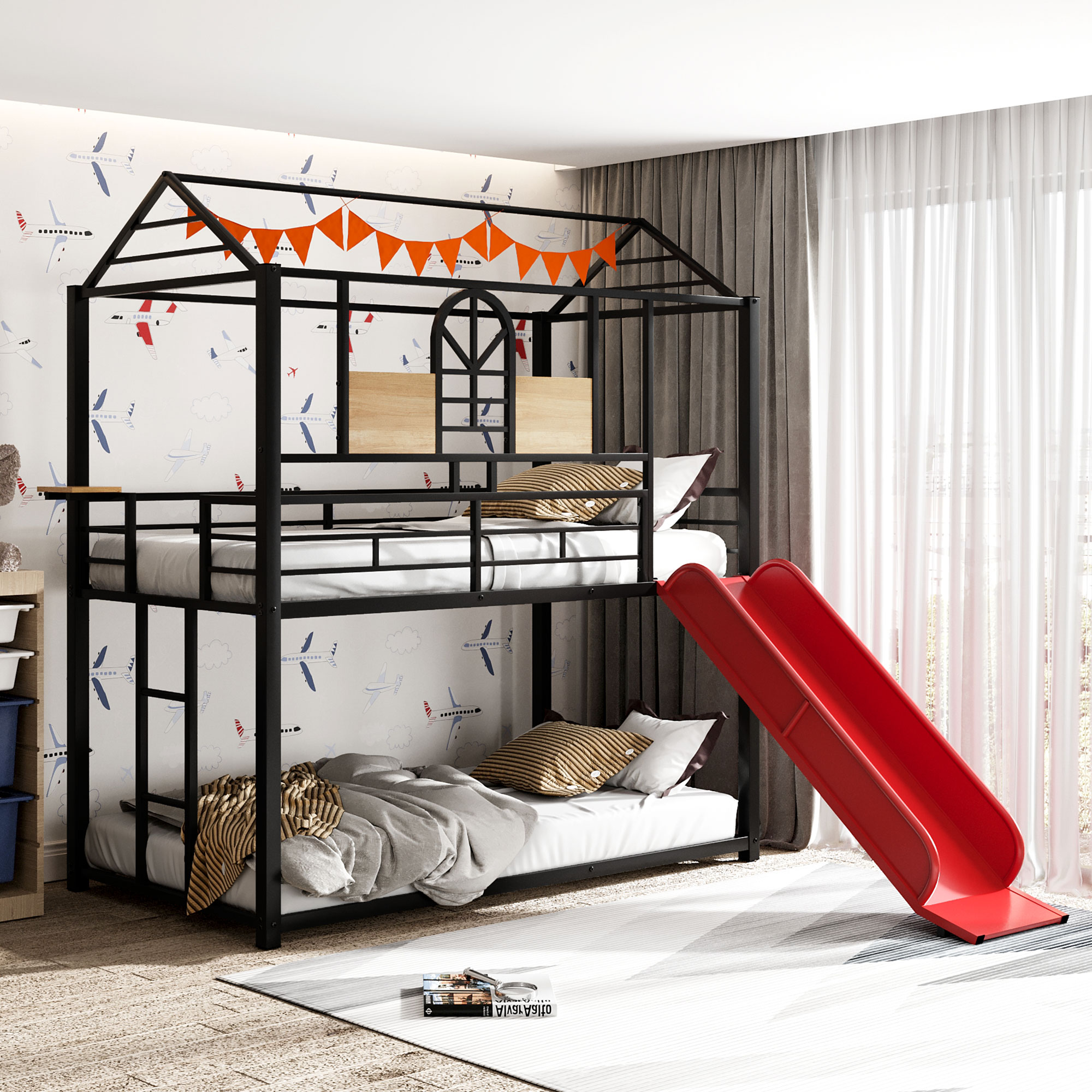 Twin Over Twin Metal Bunk Bed ,Metal Housebed With Slide,Three Colors Available.(Black with Red Slide)(OLD SKU :LP000095AAJ)-Boyel Living