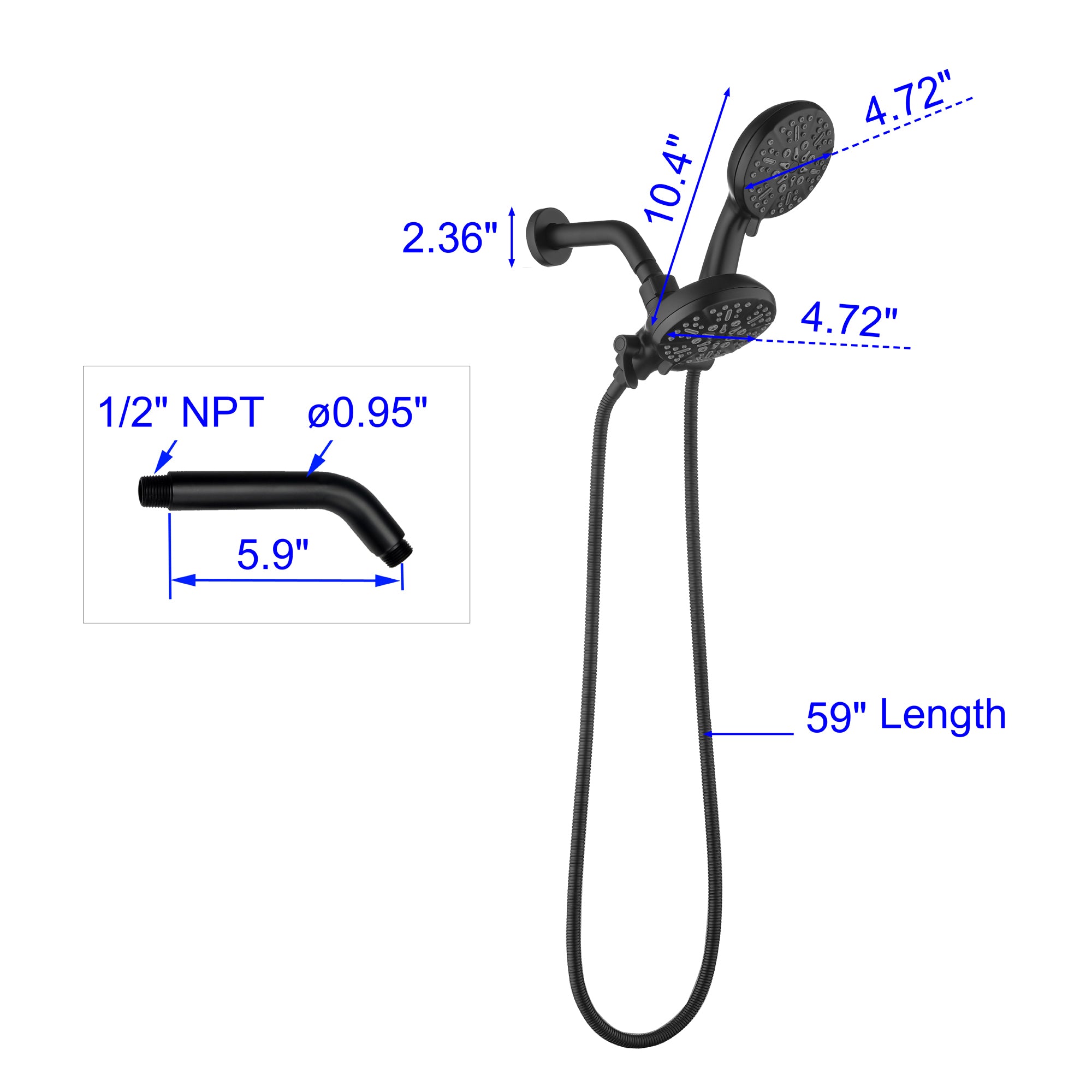 5-Spray Patterns with 2.5 GPM 4.72 in. Wall Mount Dual Shower Heads in Matte Black (Valve and Handle Trim Not Included)-Boyel Living