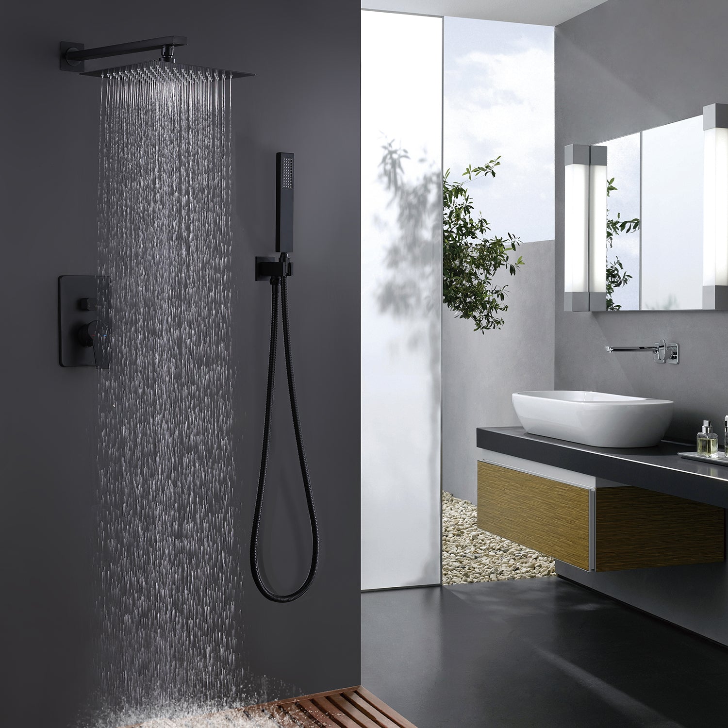 Boyel Living 10 in. Square Shower System Bathroom Shower Towers with Hand-Shower in Black-Boyel Living