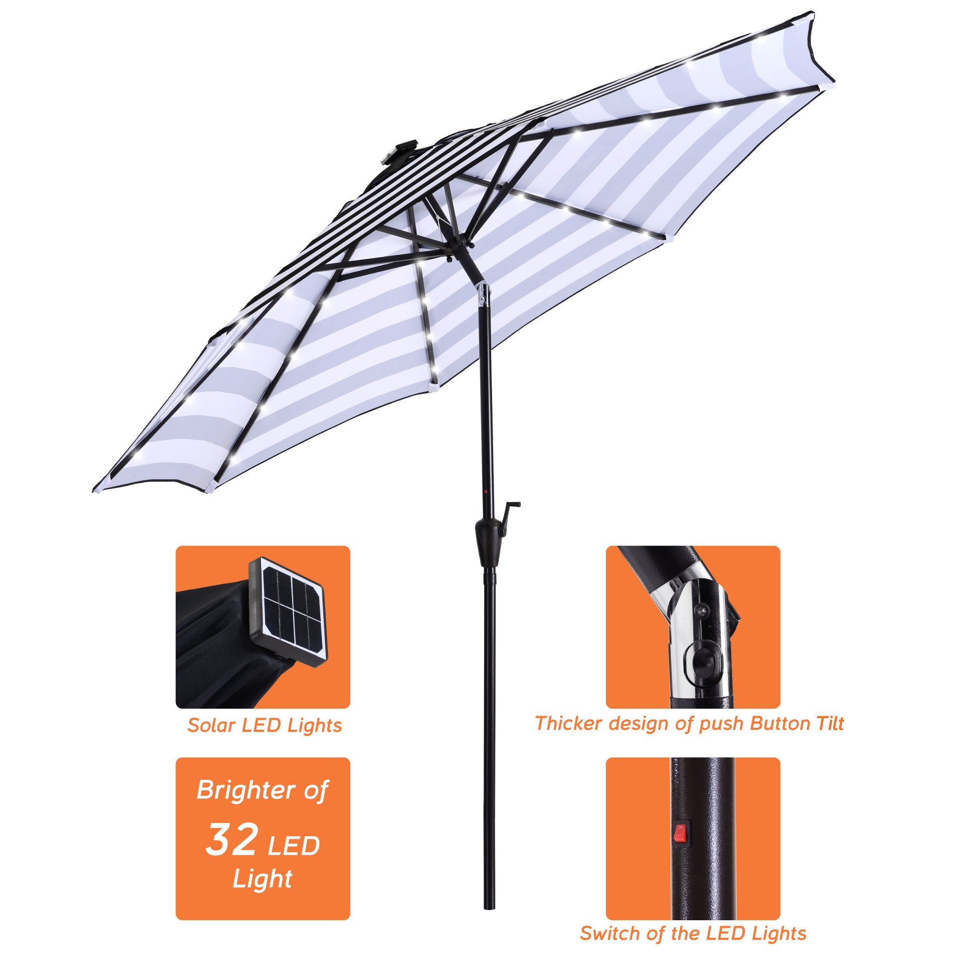 9Ft Patio Cast Aluminum Umbrella with 32 LED Solar Lights-Boyel Living