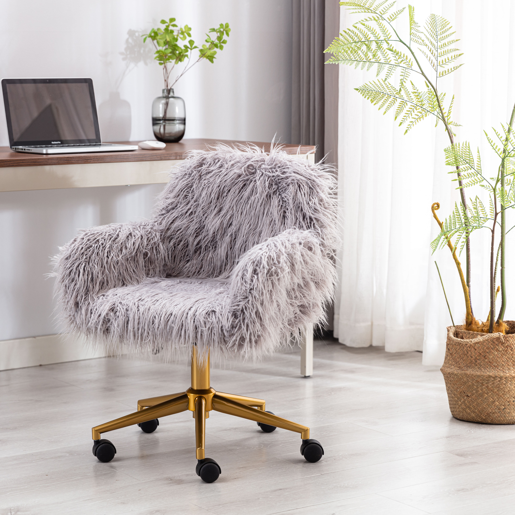 HengMing Modern Faux fur home office chair, fluffy chair for girls, makeup vanity Chair with Gold Plating Base-Boyel Living