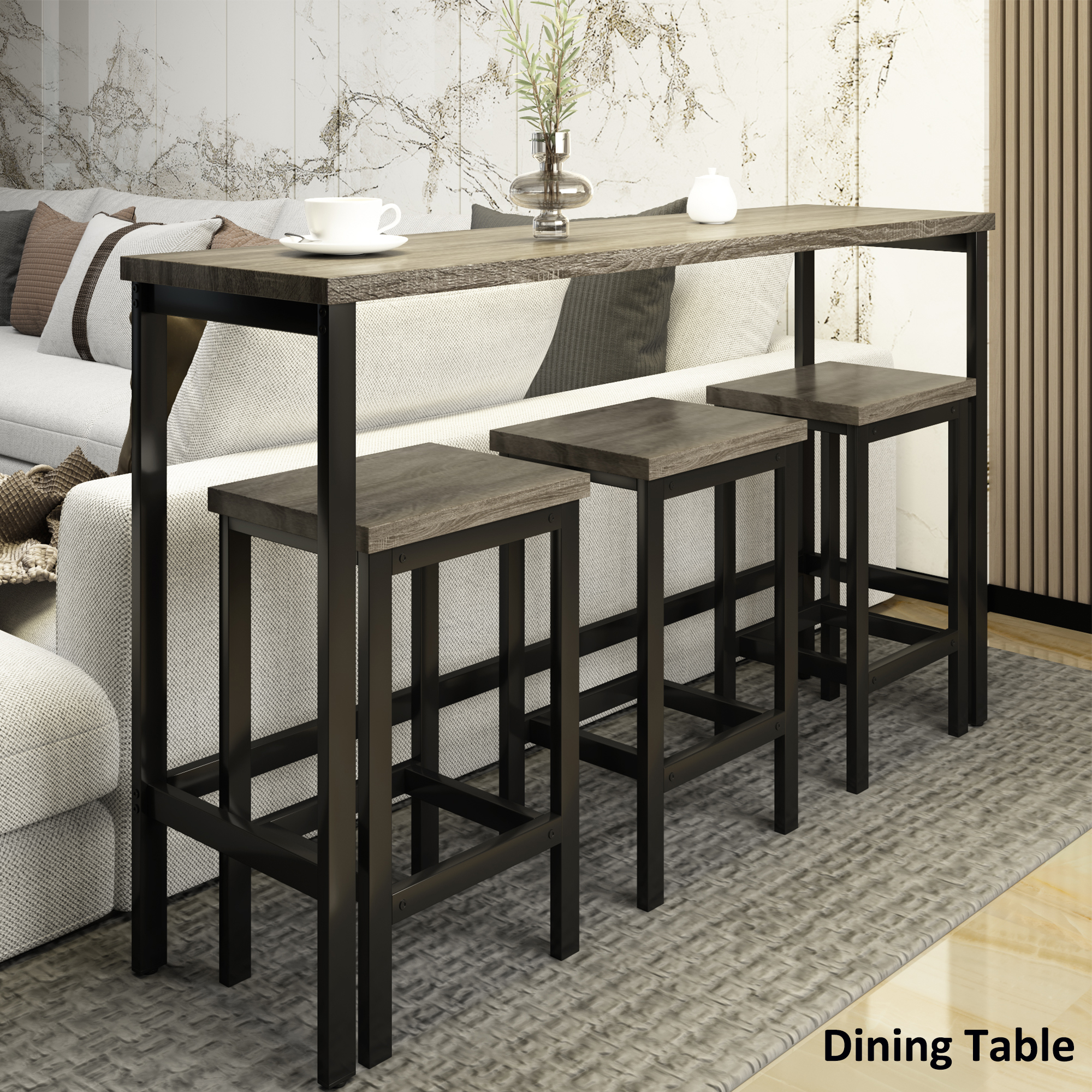 Counter Height Extra Long Dining Table Set with 3 Stools Pub Kitchen Set Side Table with Footrest, Gray-Boyel Living
