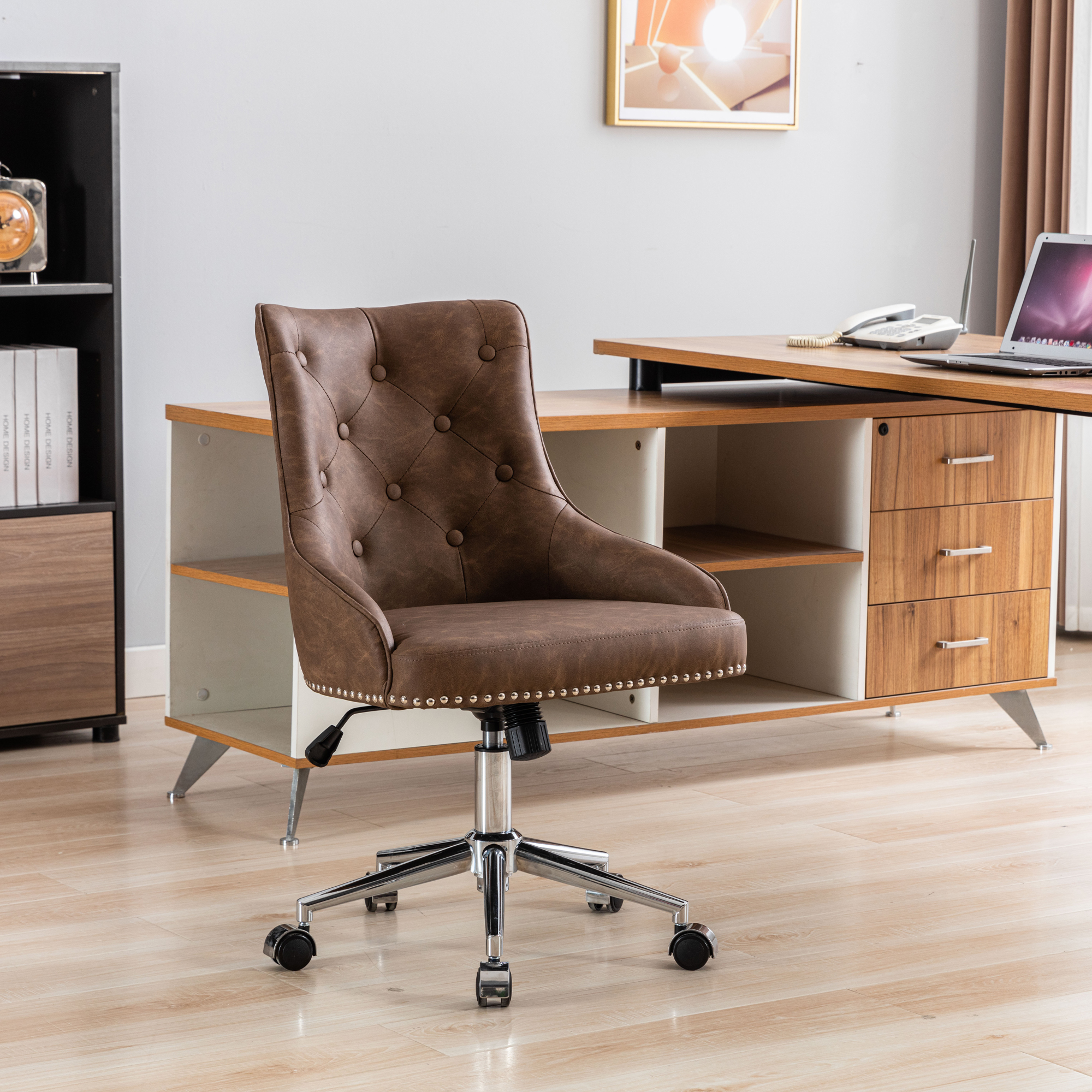 Hengming Office Desk Chair with Mid-Back Modern Tufted PU Leather Computer Chair Swivel Height Adjustable Accent Chair with Wheels and Metal Base with Arms for Study Living Bedroom