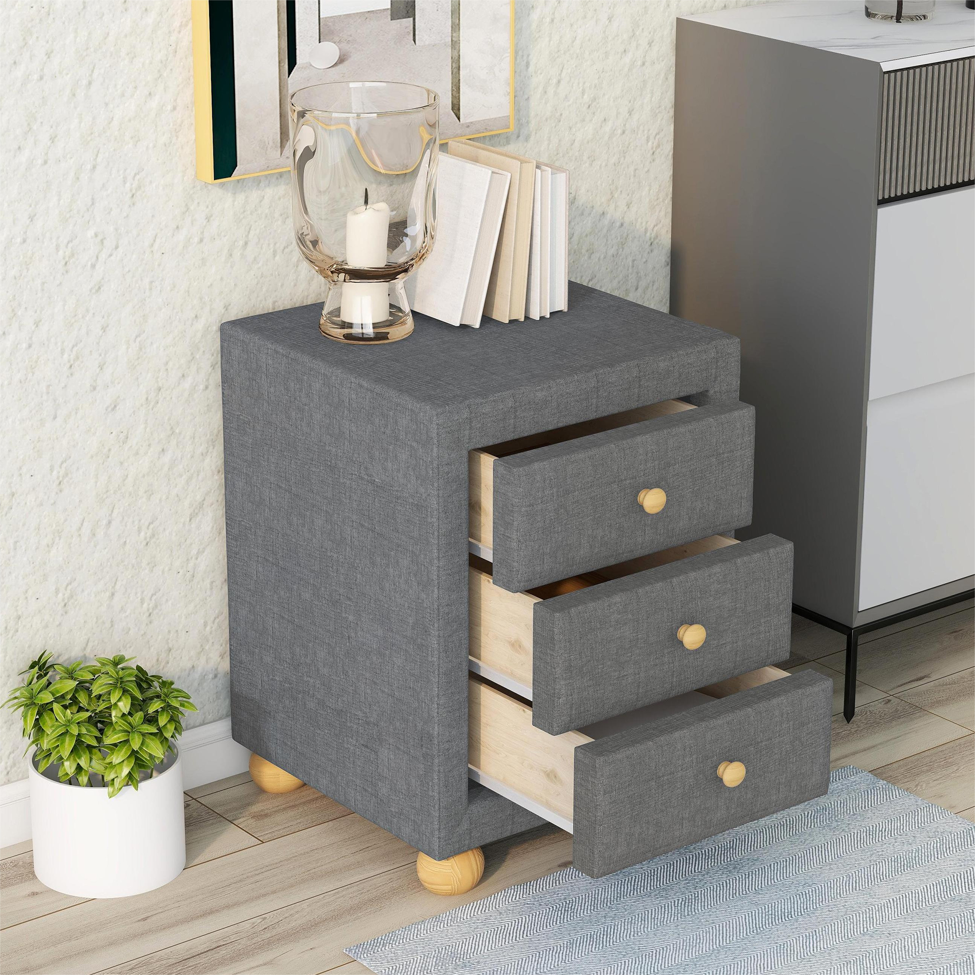 Modern Upholstered Storage Nightstand with 3 Drawers,Natural Wood Knobs,Dark Gray-Boyel Living