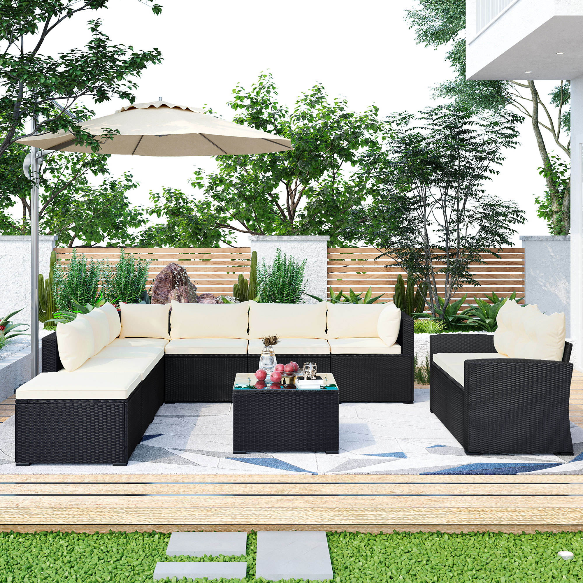 9-piece Outdoor Patio Large Wicker Sofa Set, Rattan Sofa set for Garden, Backyard,Porch and Poolside, Black wicker, Beige Cushion-Boyel Living