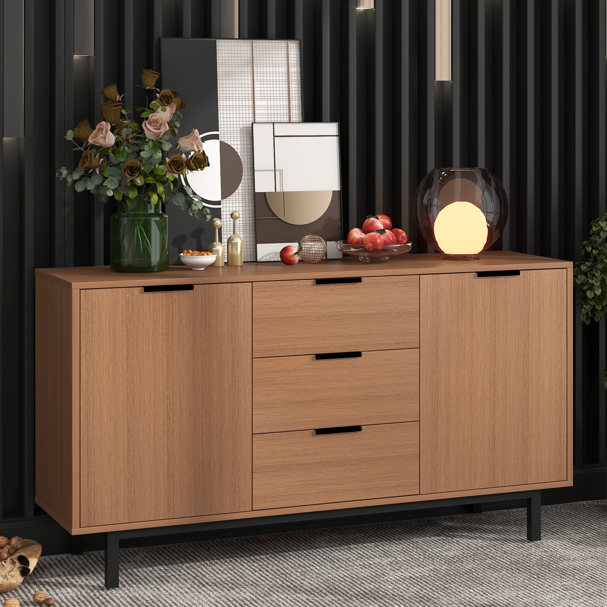Contemporary Style Sideboard Particleboard with Wood Grain Stickers Large Storage Space (Tan)-Boyel Living