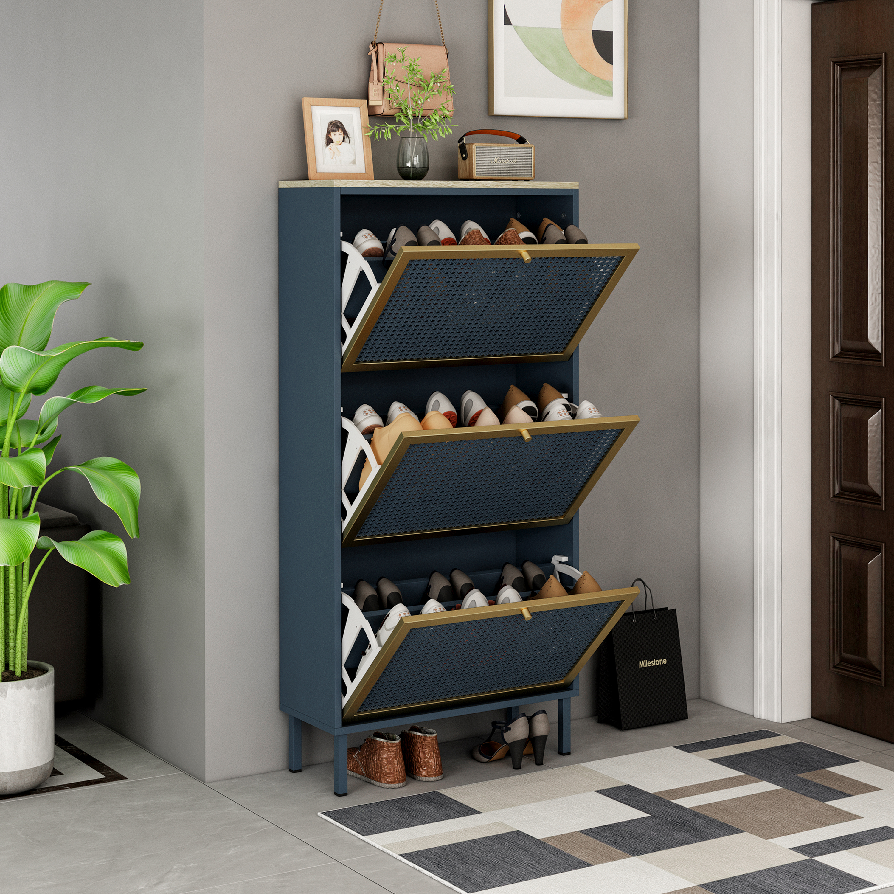 3 Metal Door Shoe Rack, Freestanding Modern Shoe Storage Cabinet, Metal rattan, for Entryway 