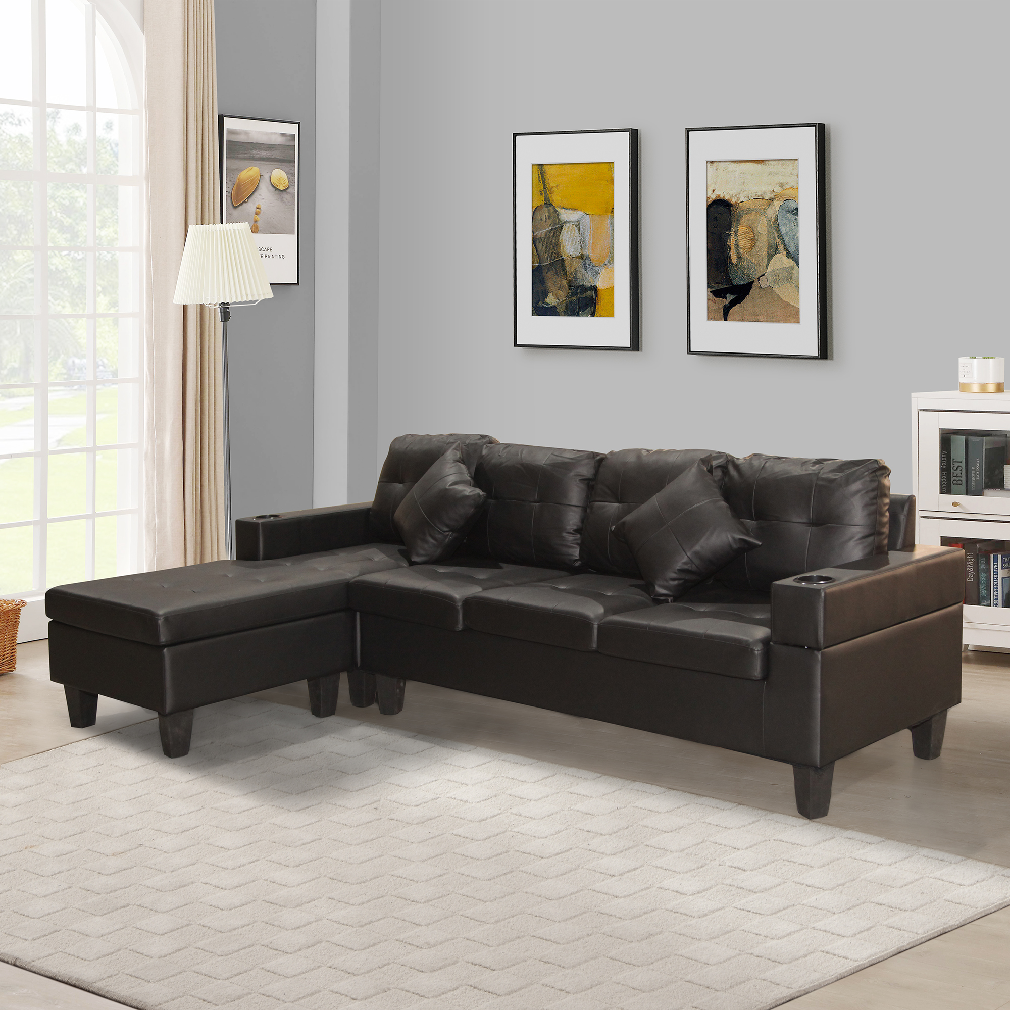 Sectional Sofa Set for Living Room with L Shape &nbsp;Chaise Lounge ,cup holder and &nbsp;Left or Right Hand Chaise &nbsp;Modern 4 Seat (BLACK)-Boyel Living