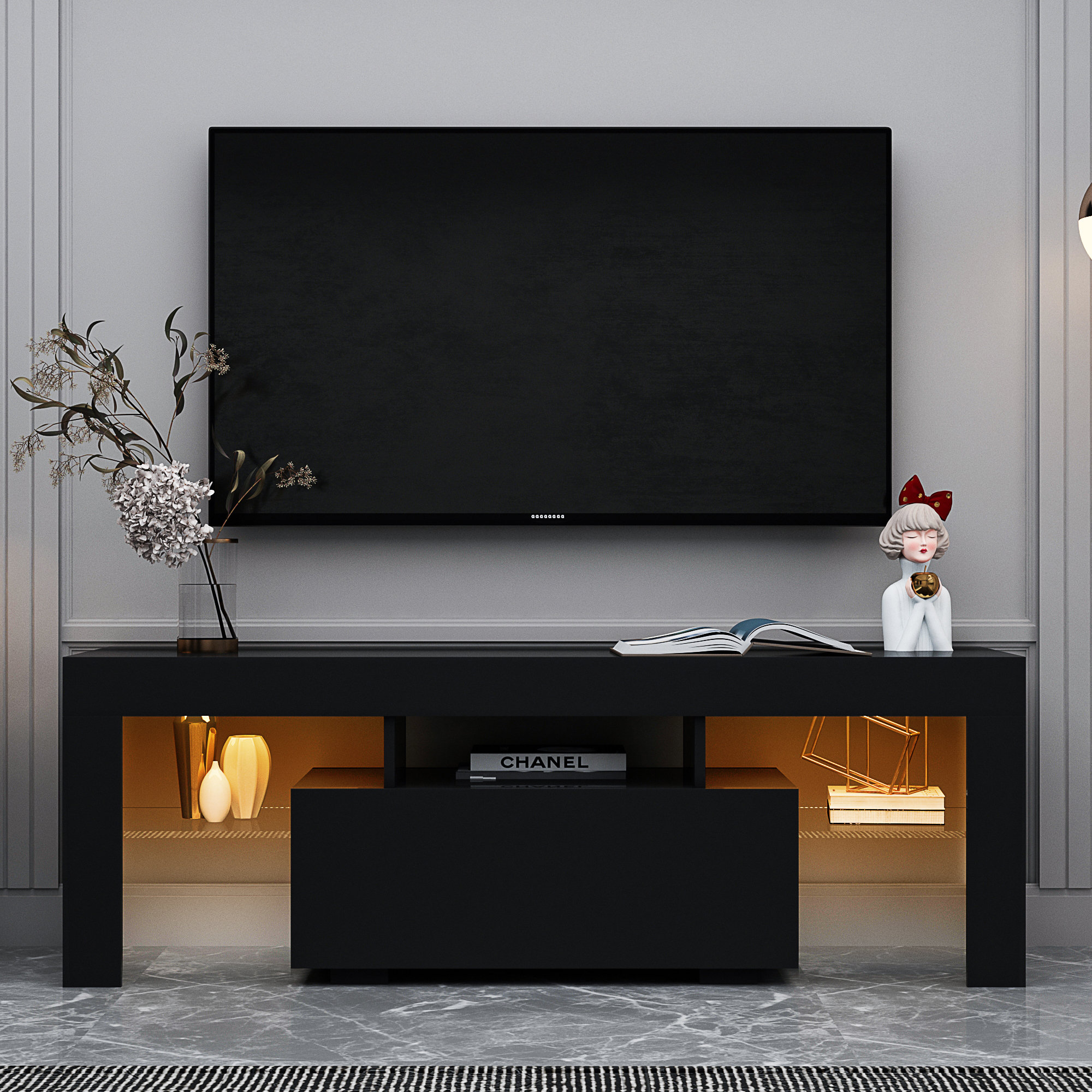 Black TV Stand with LED RGB Lights,Flat Screen TV Cabinet, Gaming Consoles - in Lounge Room, Living Room and Bedroom(Black)-Boyel Living