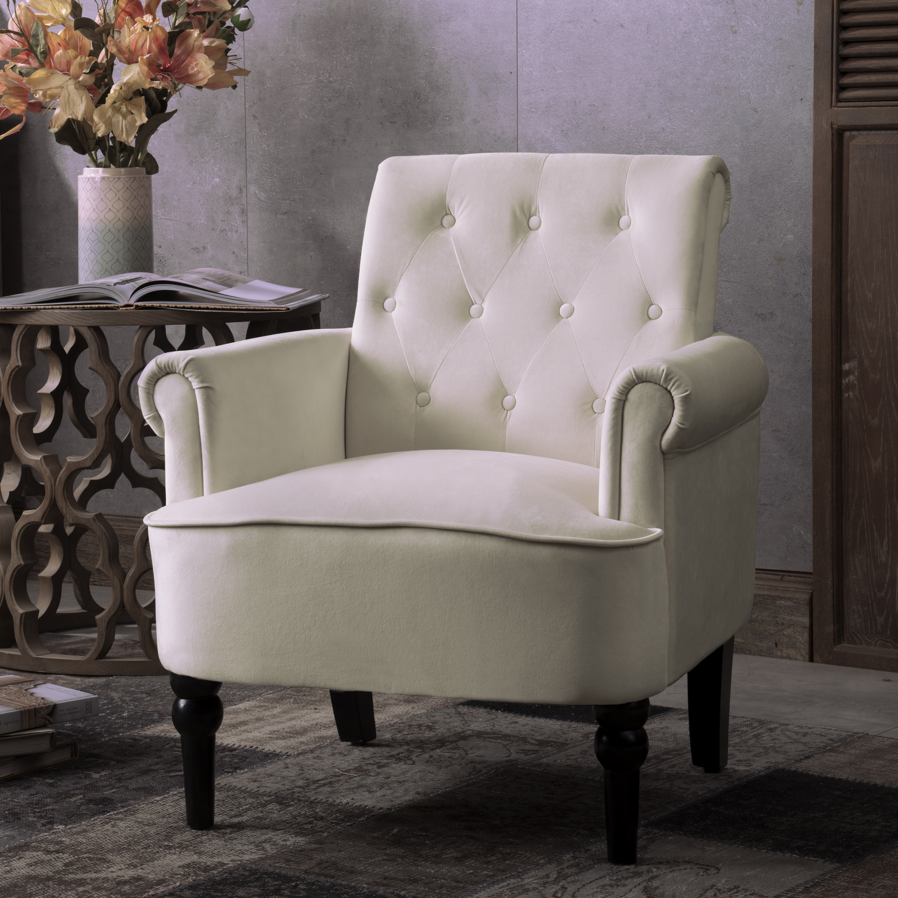 Elegant Button Tufted Club Chair Accent Armchairs Roll Arm Living Room Cushion with Wooden Legs, Off White-Boyel Living