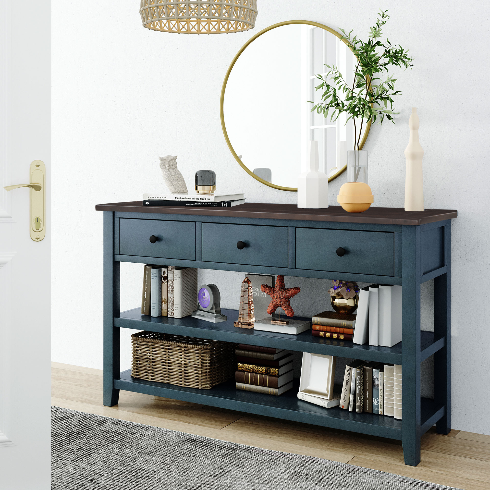 Retro and Modern Design Console Table with Pine Solid Wood Frame and Legs TWO Open Shelves (Navy)-Boyel Living
