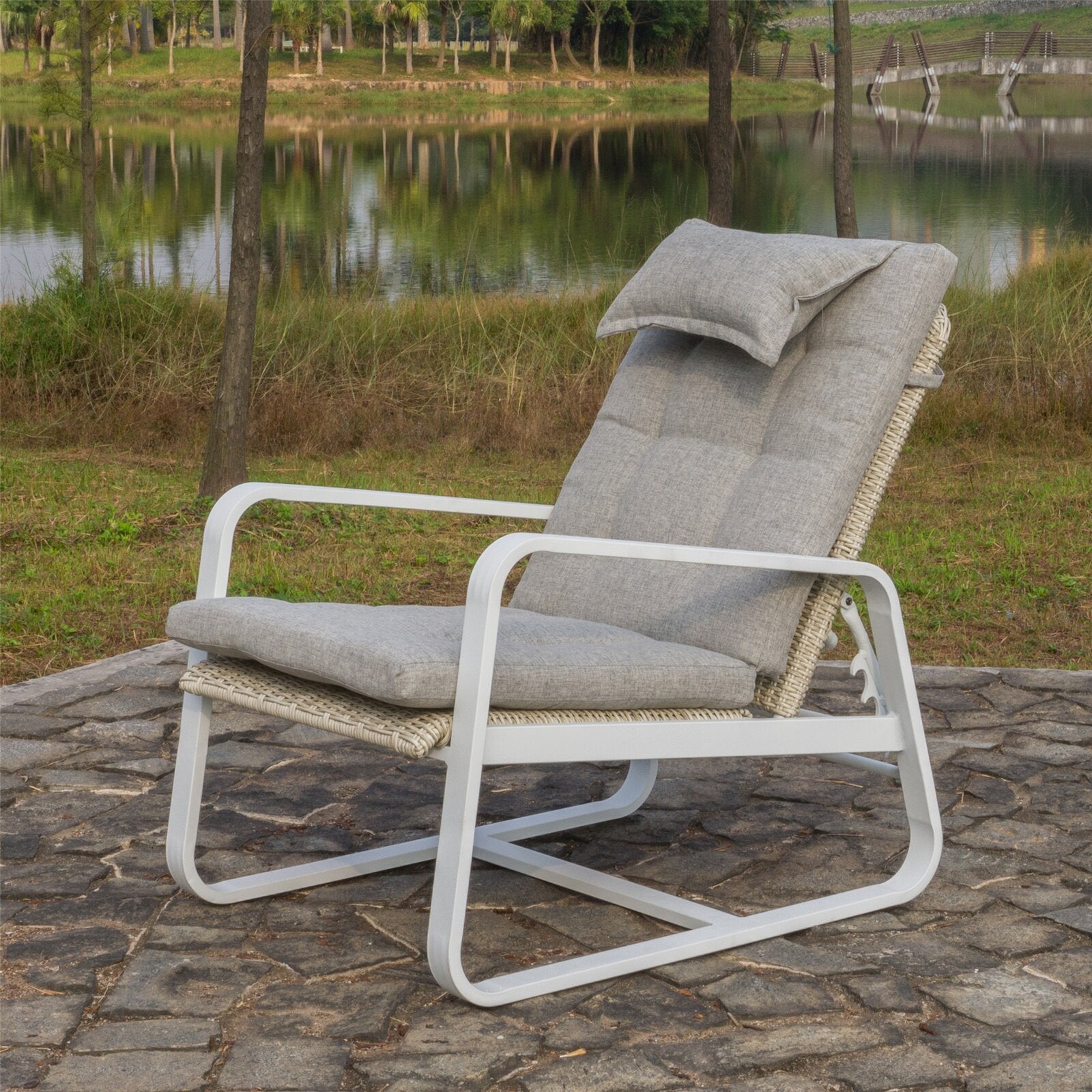 Outdoor Aluminum Frame Reclining Club Chair With Gray Cushion-Boyel Living