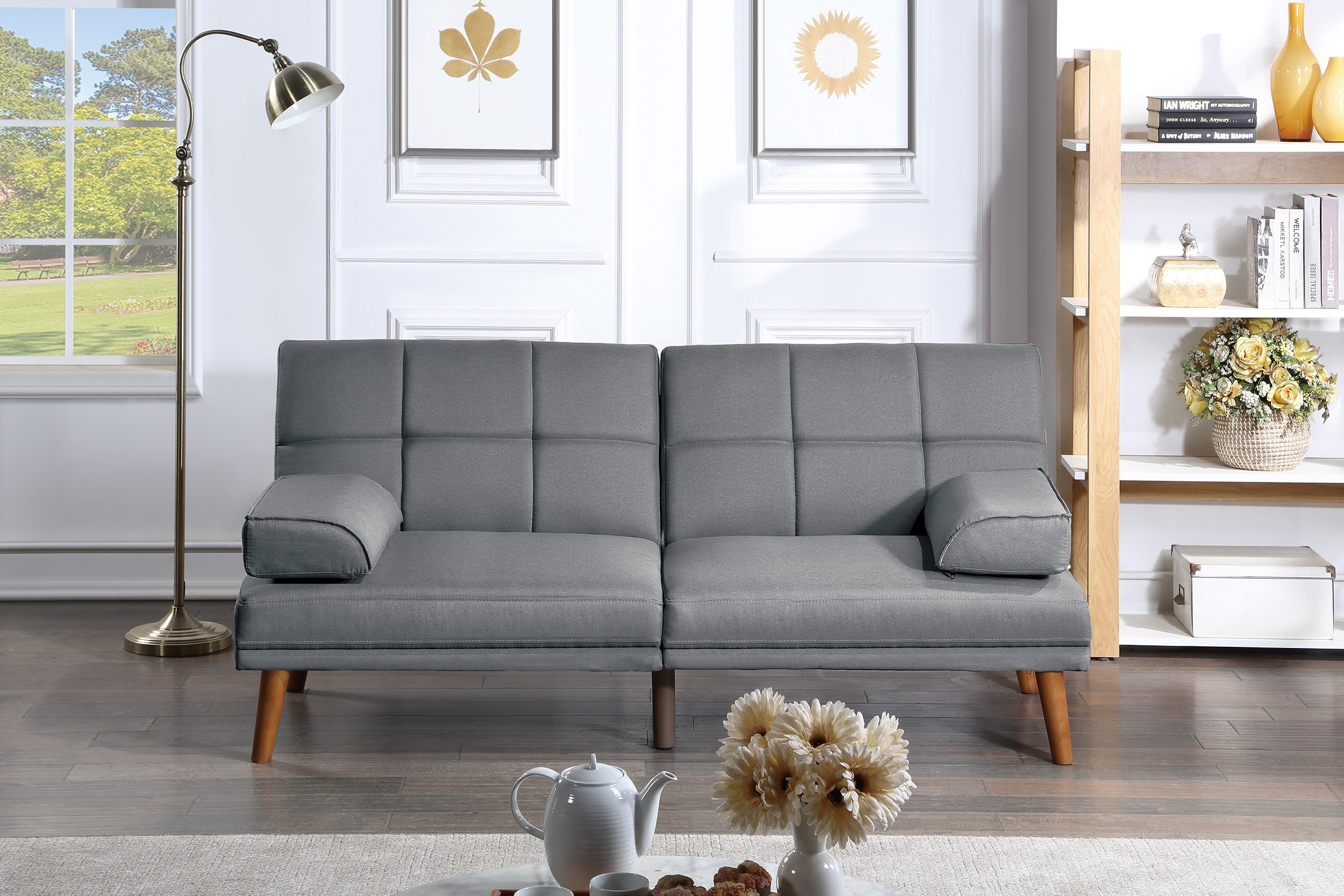 Blue Grey Polyfiber Adjustable Tufted Sofa Living Room Solid wood Legs Comfort Couch-Boyel Living