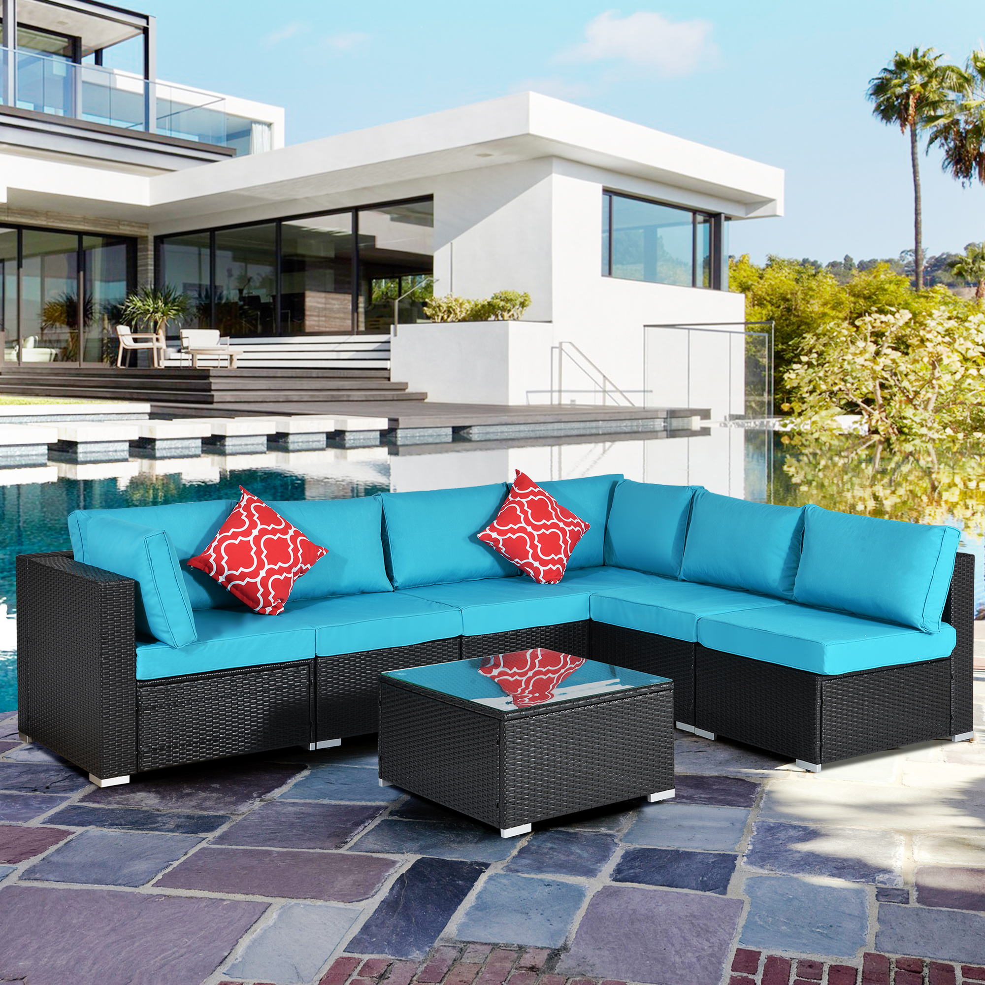Outdoor Garden Patio Furniture 7-Piece PE Rattan Wicker Sectional Cushioned Sofa Sets with 2 Pillows and Coffee Table-Boyel Living