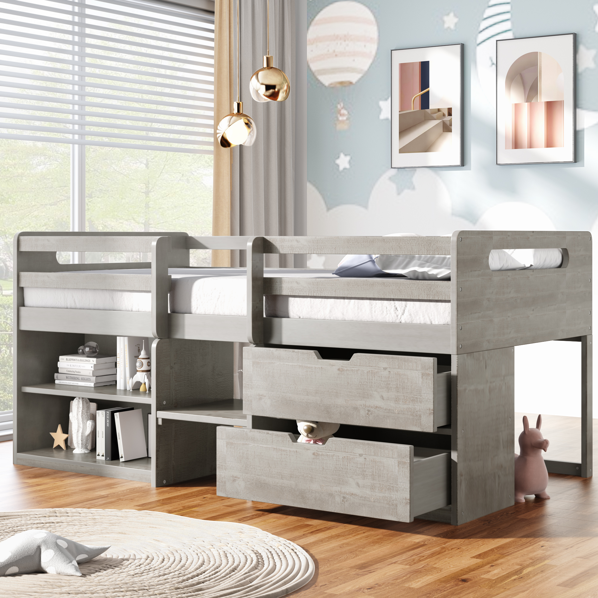 Twin size Loft Bed with Two Shelves and Two drawers  (Antique Gray)-Boyel Living