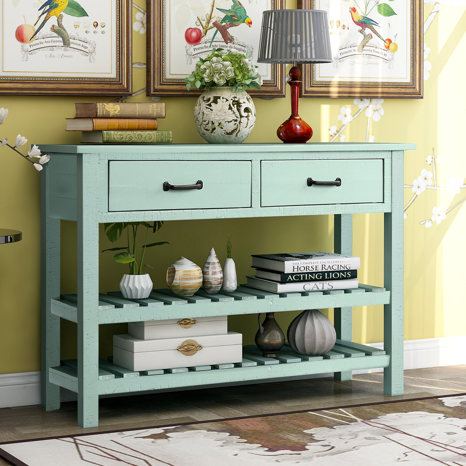 Retro Console Table for Entryway with Drawers and Shelf Living Room Furniture (Antique Blue)-Boyel Living