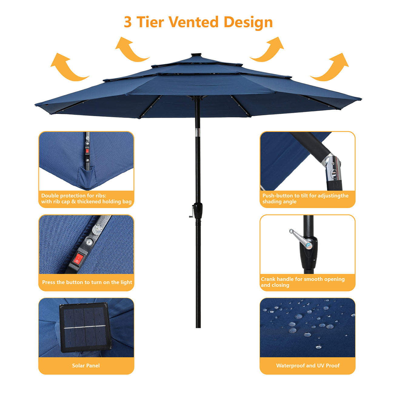 Boyel Living 11-Ft Market Patio Umbrella with LED(Navy)-Boyel Living