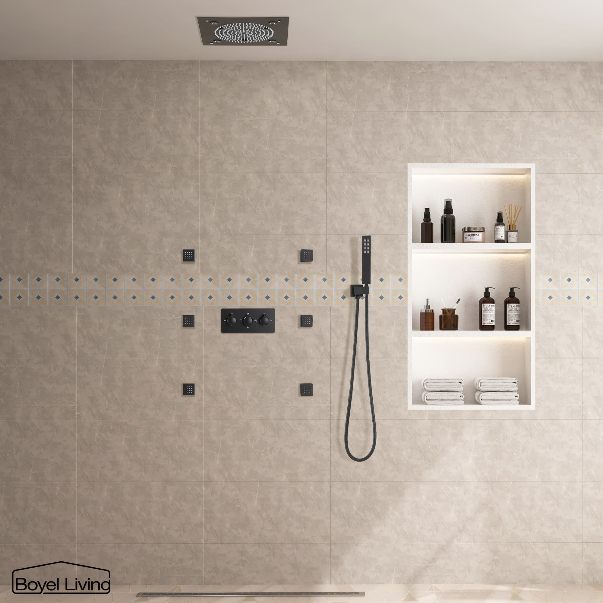 Boyel Living Luxury LED Ceiling Rainfall Shower Head System with Body Jets Bathroom Shower Faucet Complete Set, Flow Adjustable-Boyel Living