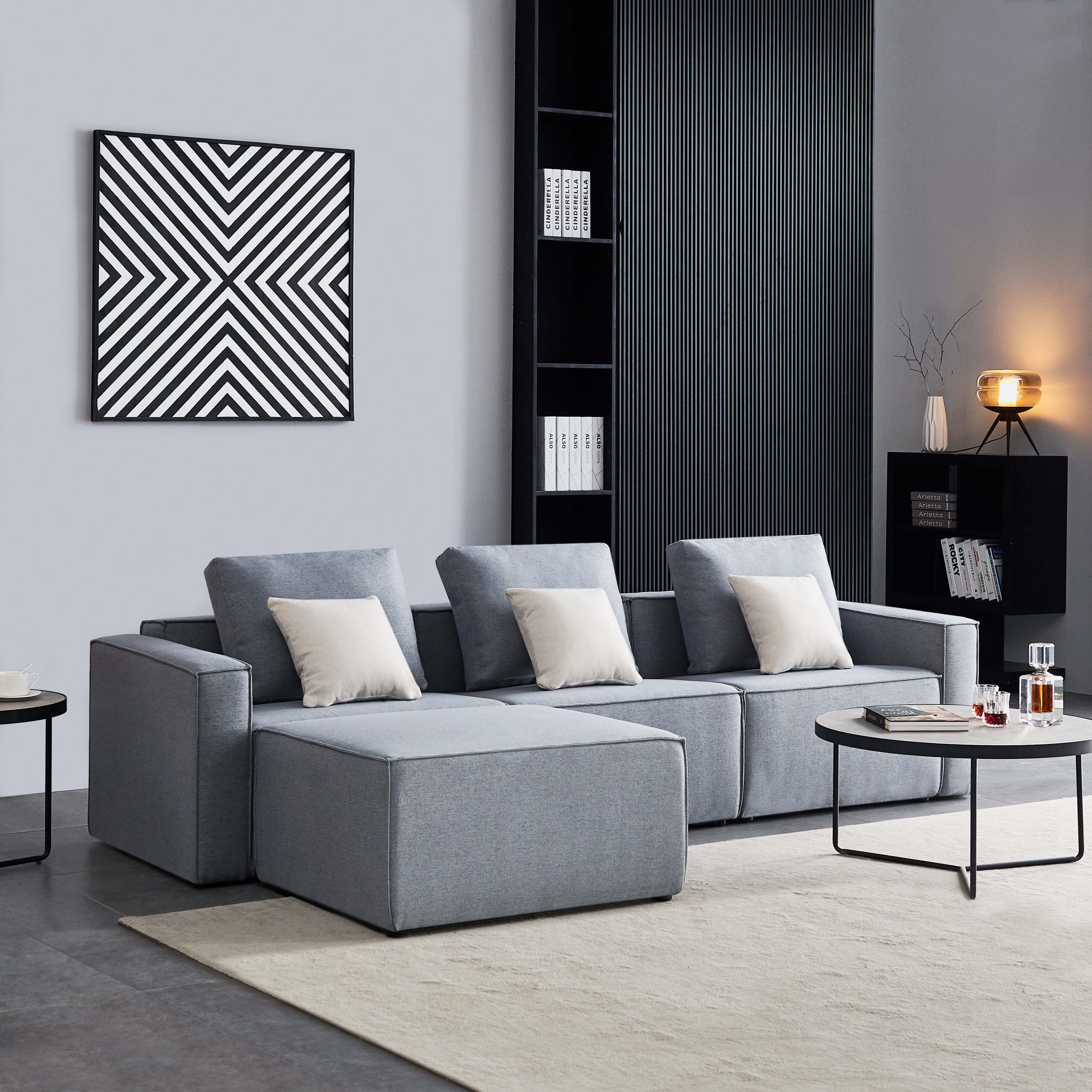 Linen Sectional Sofa, L-Shape With Wide Armrest-Grey-Boyel Living