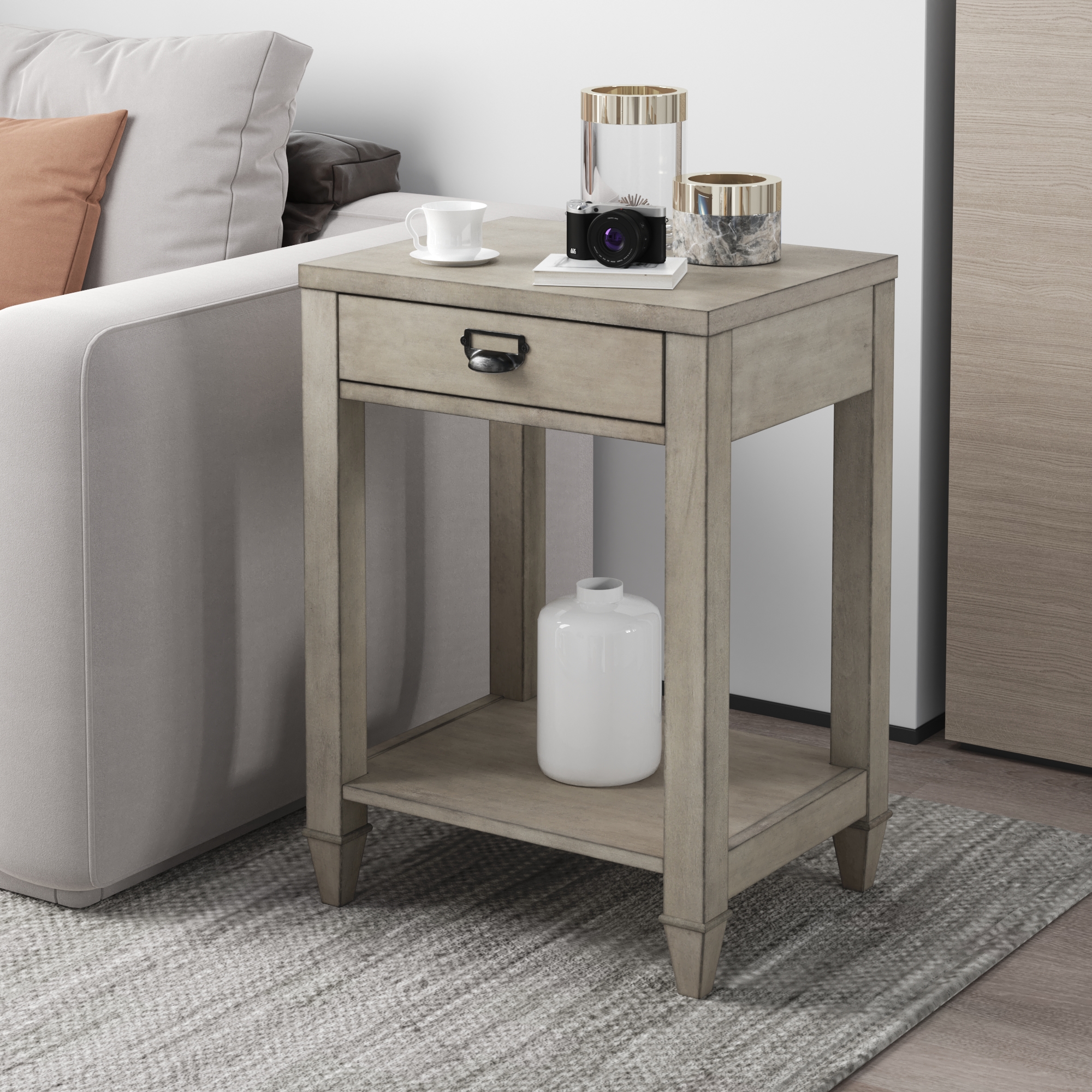 American solid wood square side table with drawer (Antique Gray)-Boyel Living