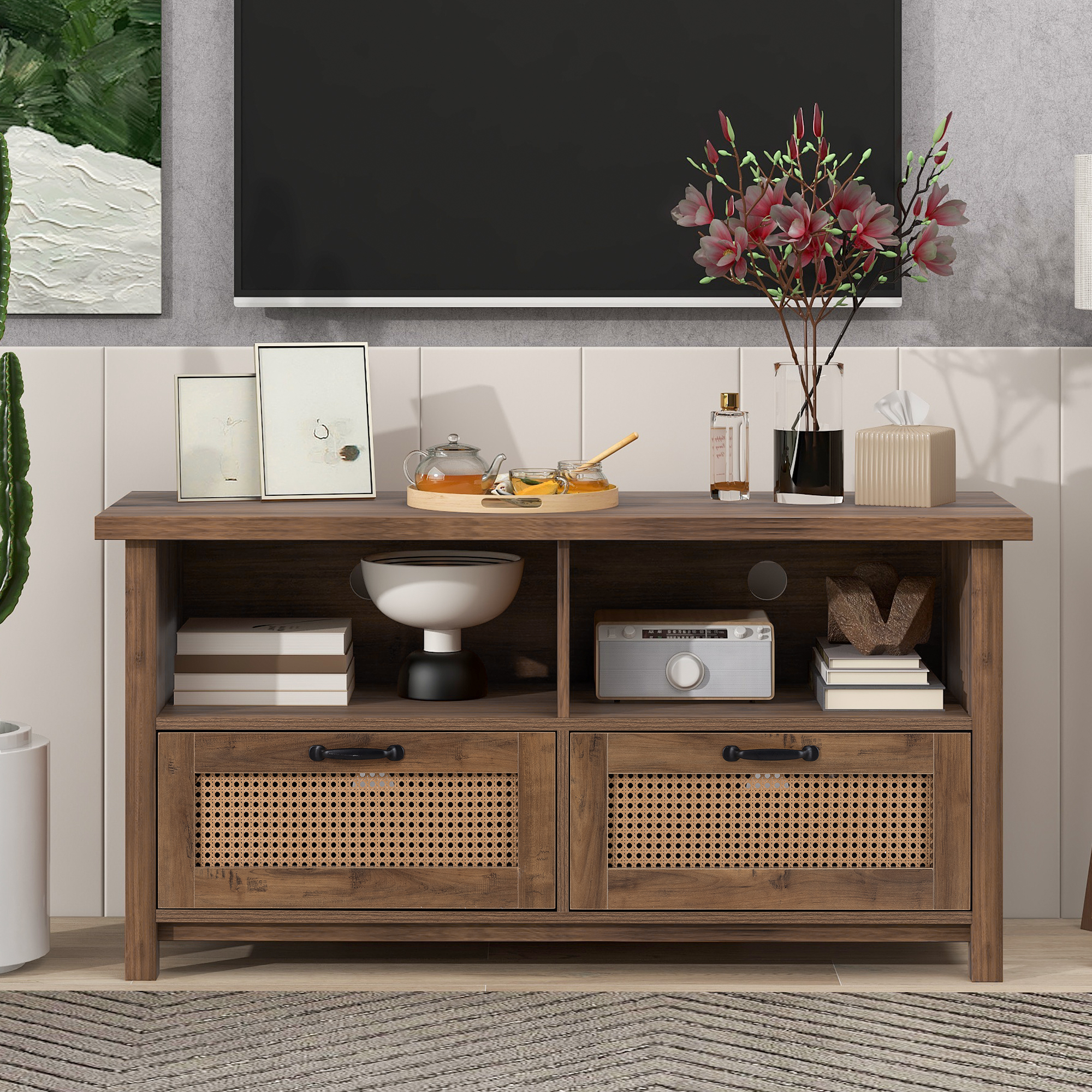 TV Stand,Two doors of TV cabinet, used for TV cabinet with a maximum size of 55 inches, rattan cabinet door, slide rail design, modern TV cabinet, yellow-Boyel Living