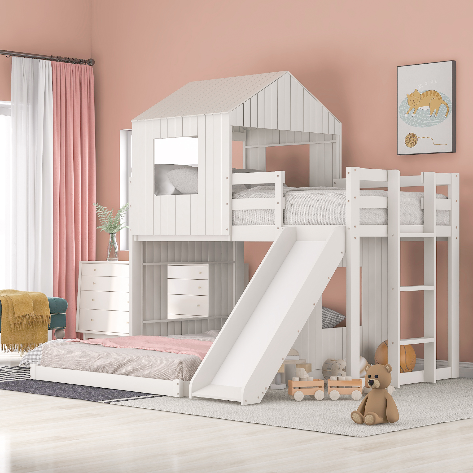 Wooden Twin Over Full Bunk Bed, Loft Bed with Playhouse, Farmhouse, Ladder, Slide and Guardrails, White(OLD SKU :LP000028AAK)-Boyel Living