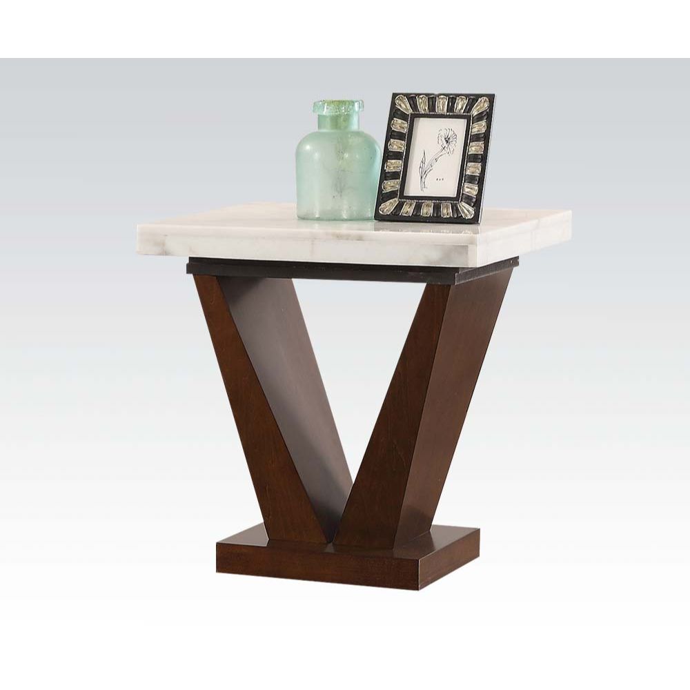 ACME Forbes End Table in White Marble & Walnut