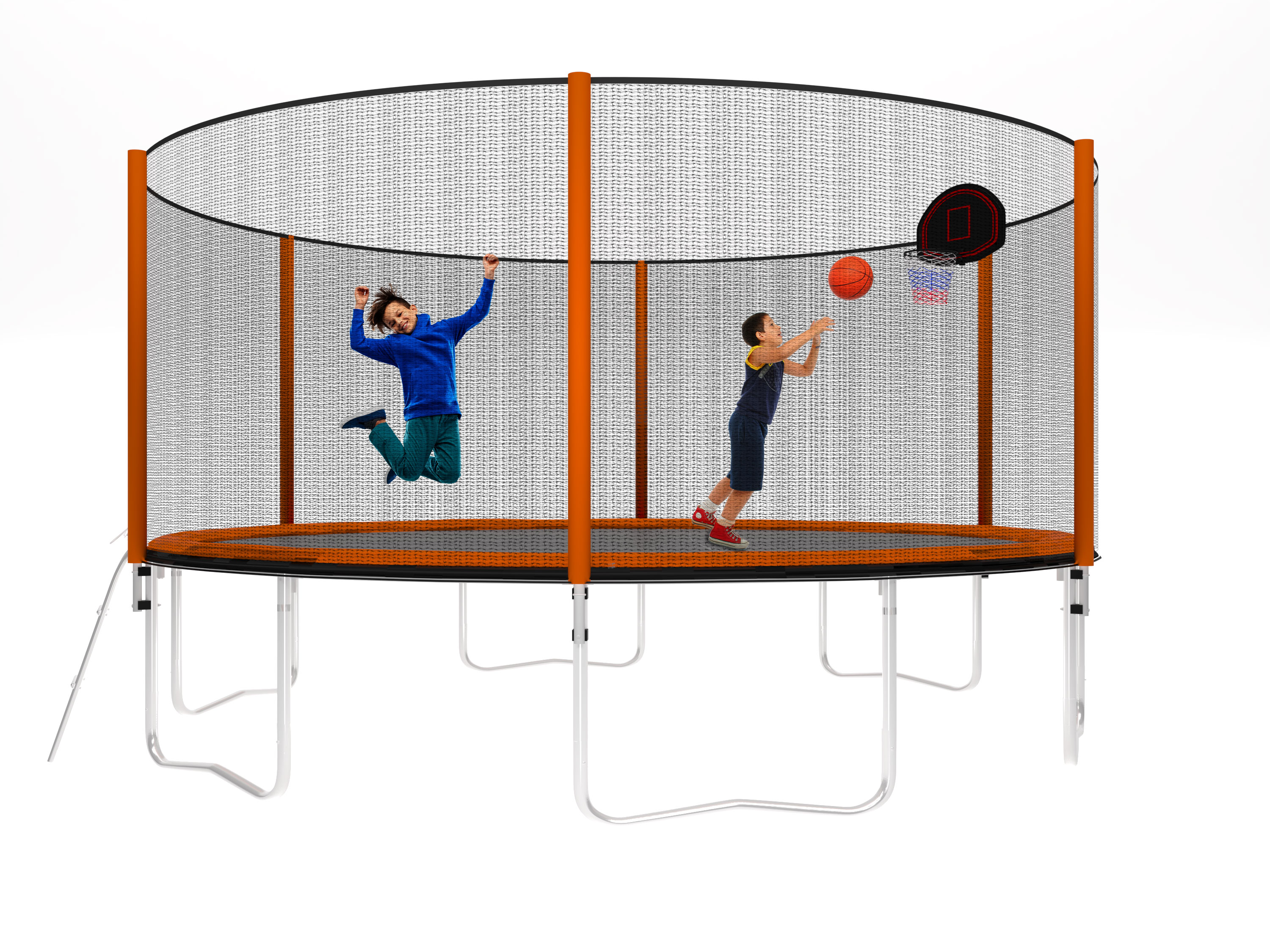 14FT Powder-coated Advanced Trampoline with Basketball Hoop Inflator and Ladder(Outer Safety Enclosure) Orange-Boyel Living