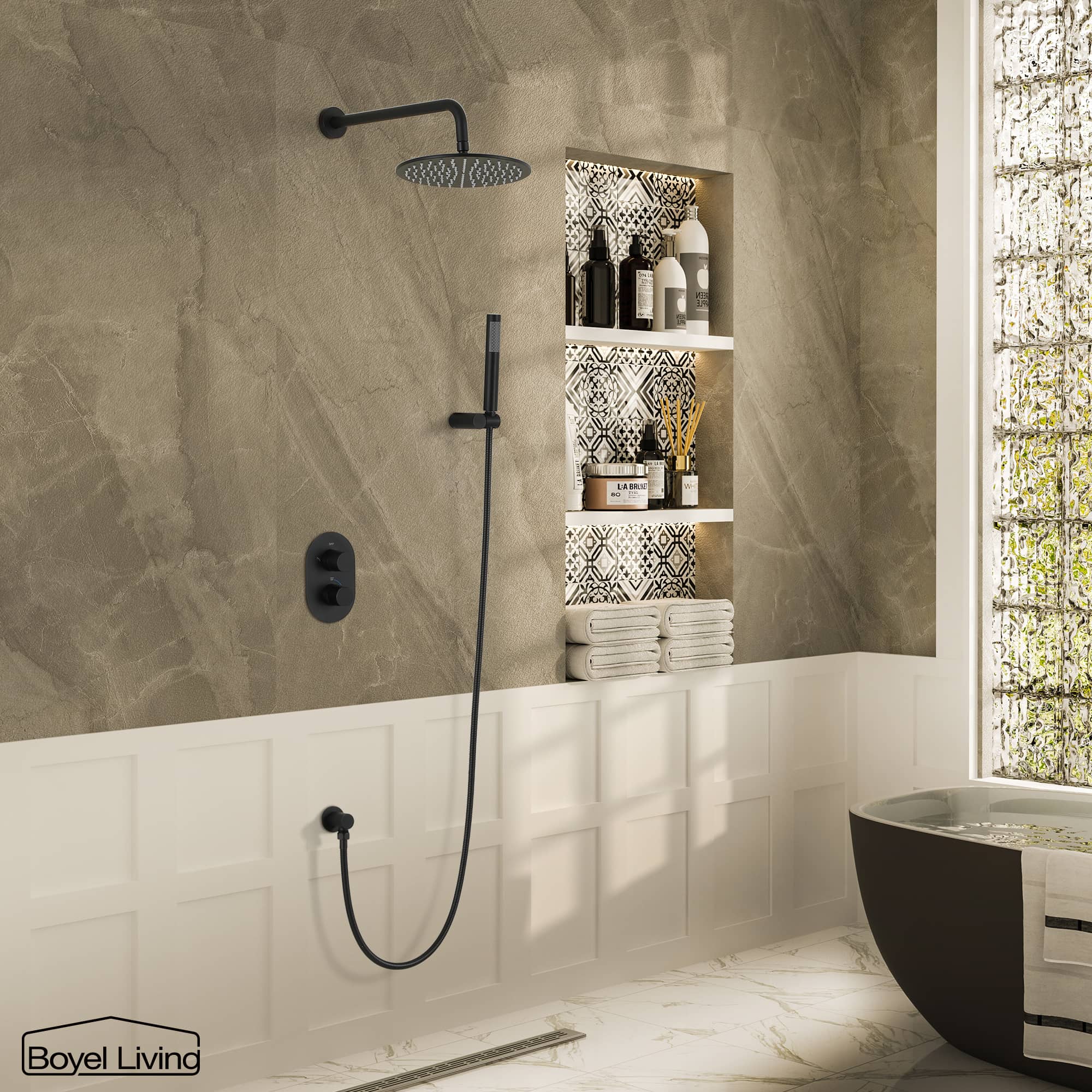 Boyel Living Wall-Mounted Round Bathroom Shower Faucets Set with 1.5 GPM Handheld Shower in Matte Black-Boyel Living