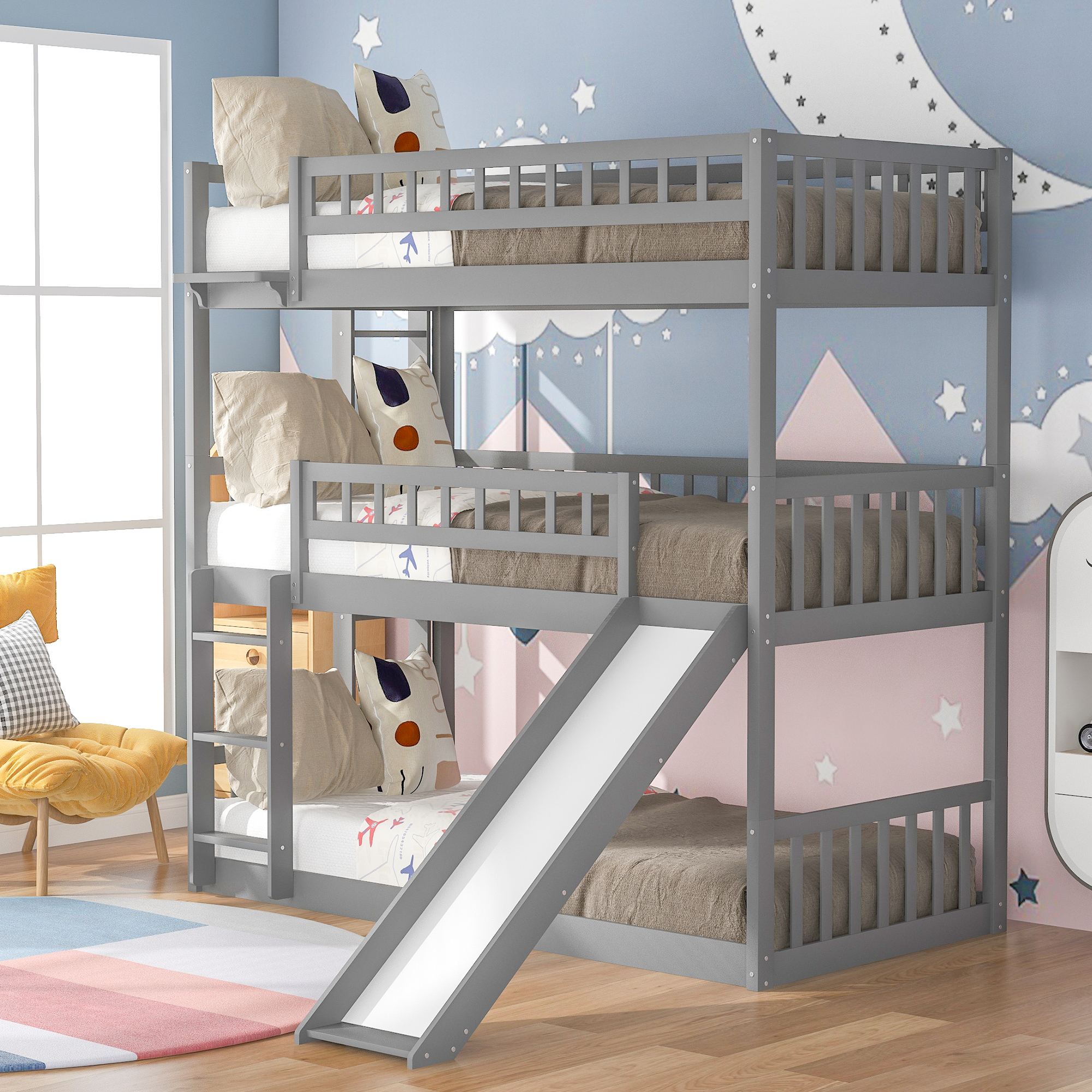 Twin-Over-Twin-Over-Twin Triple Bed with Built-in Ladder and Slide , Triple Bunk Bed with Guardrails, Gray-Boyel Living
