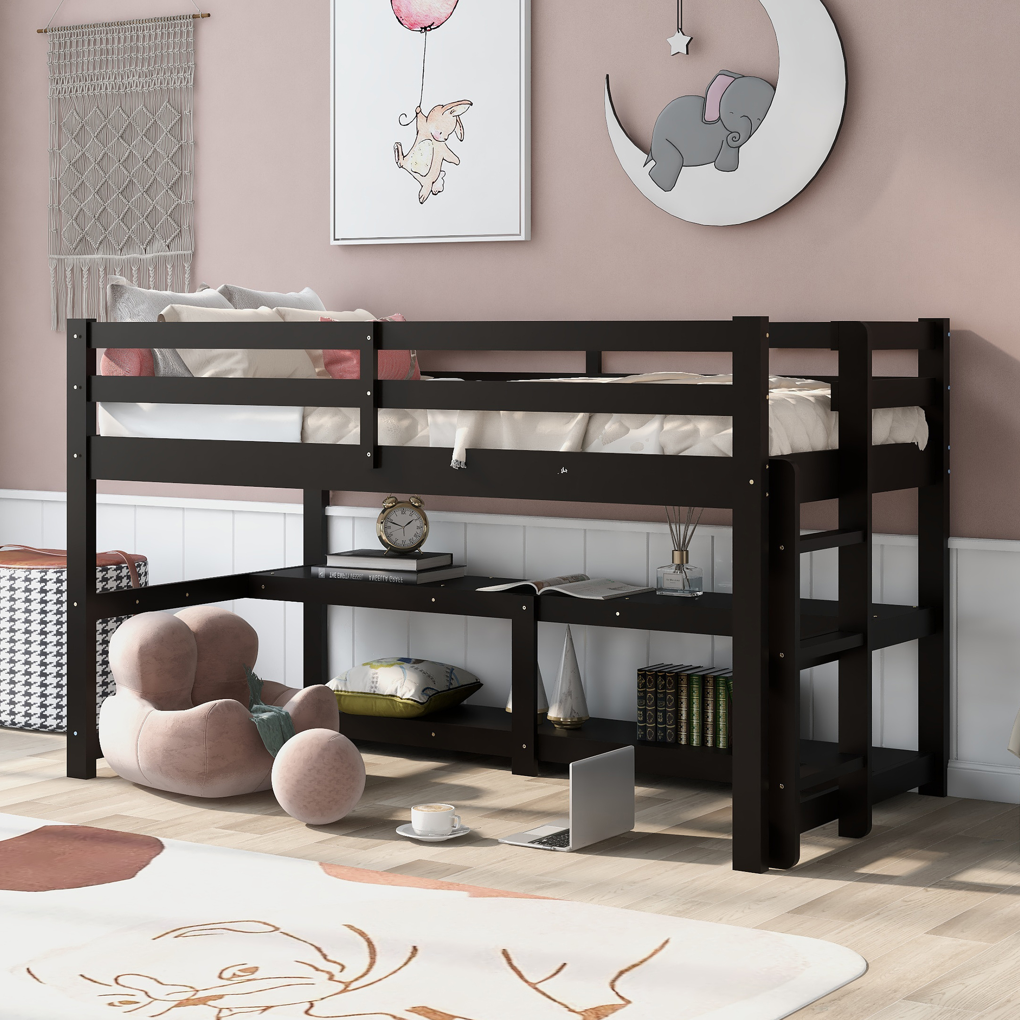 Twin size Loft Bed with Shelves, Espresso-Boyel Living