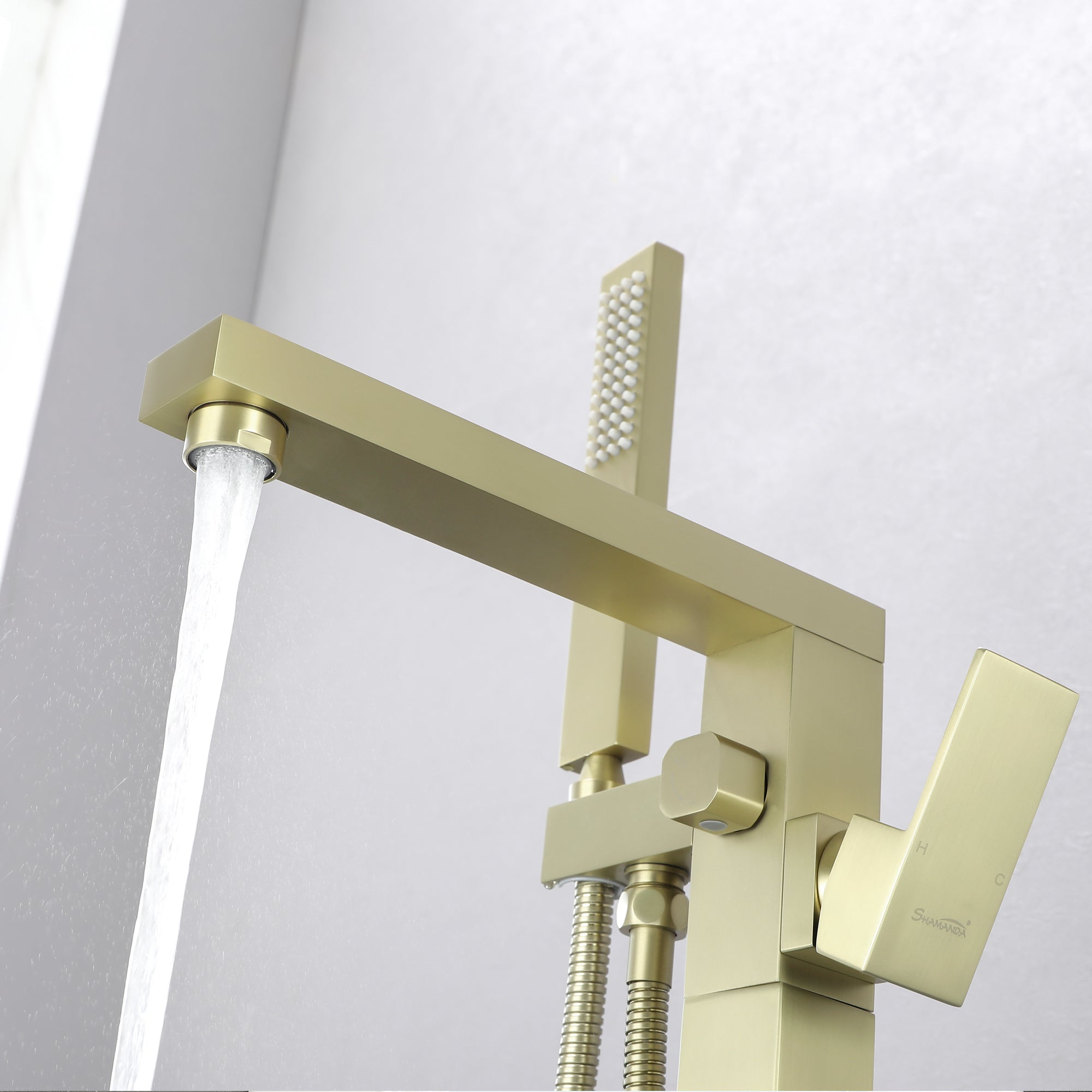  Freestanding Floor Mount Single Handle Bath Tub Filler Faucet with Handheld Shower in Brushed Gold-Boyel Living