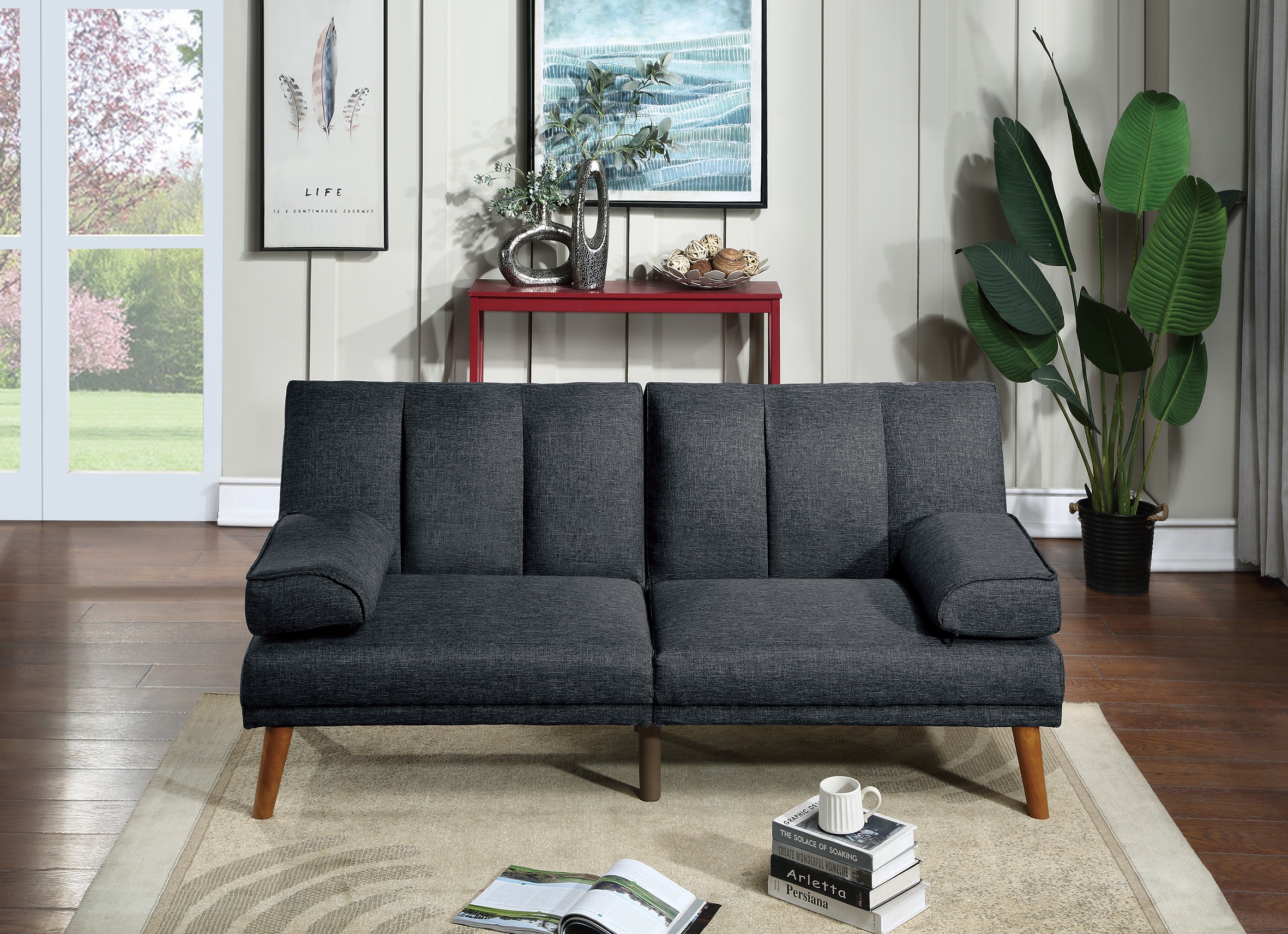 Black Polyfiber Adjustable Sofa Bed Living Room Solid wood Legs Plush Couch-Boyel Living