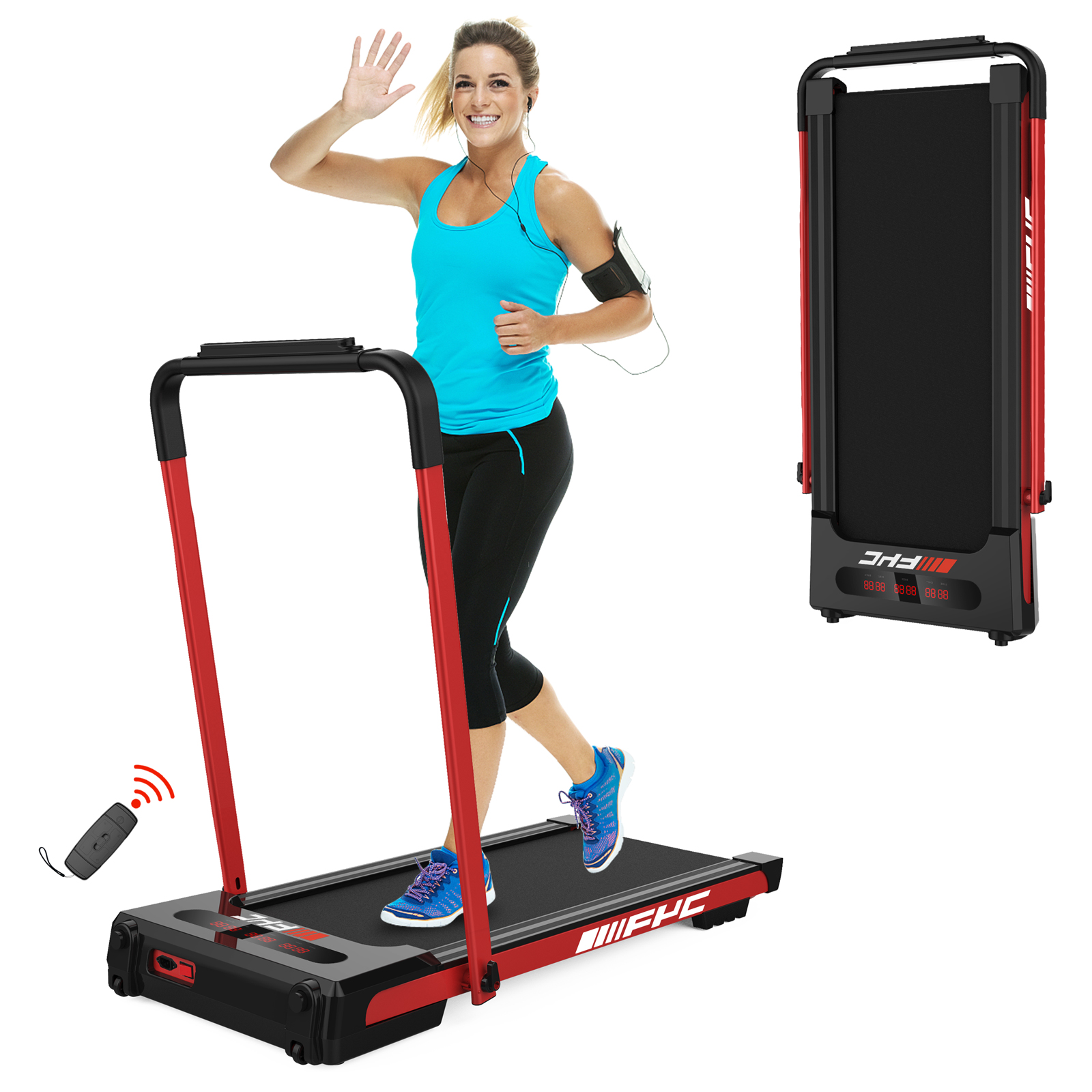 FYC 2 in 1 Under Desk Treadmill - 2.5 HP Folding Treadmill for Home, Installation-Free Foldable Treadmill Compact Electric Running Machine, Remote Control  LED Display Walking Running Jogging, Red-Boyel Living