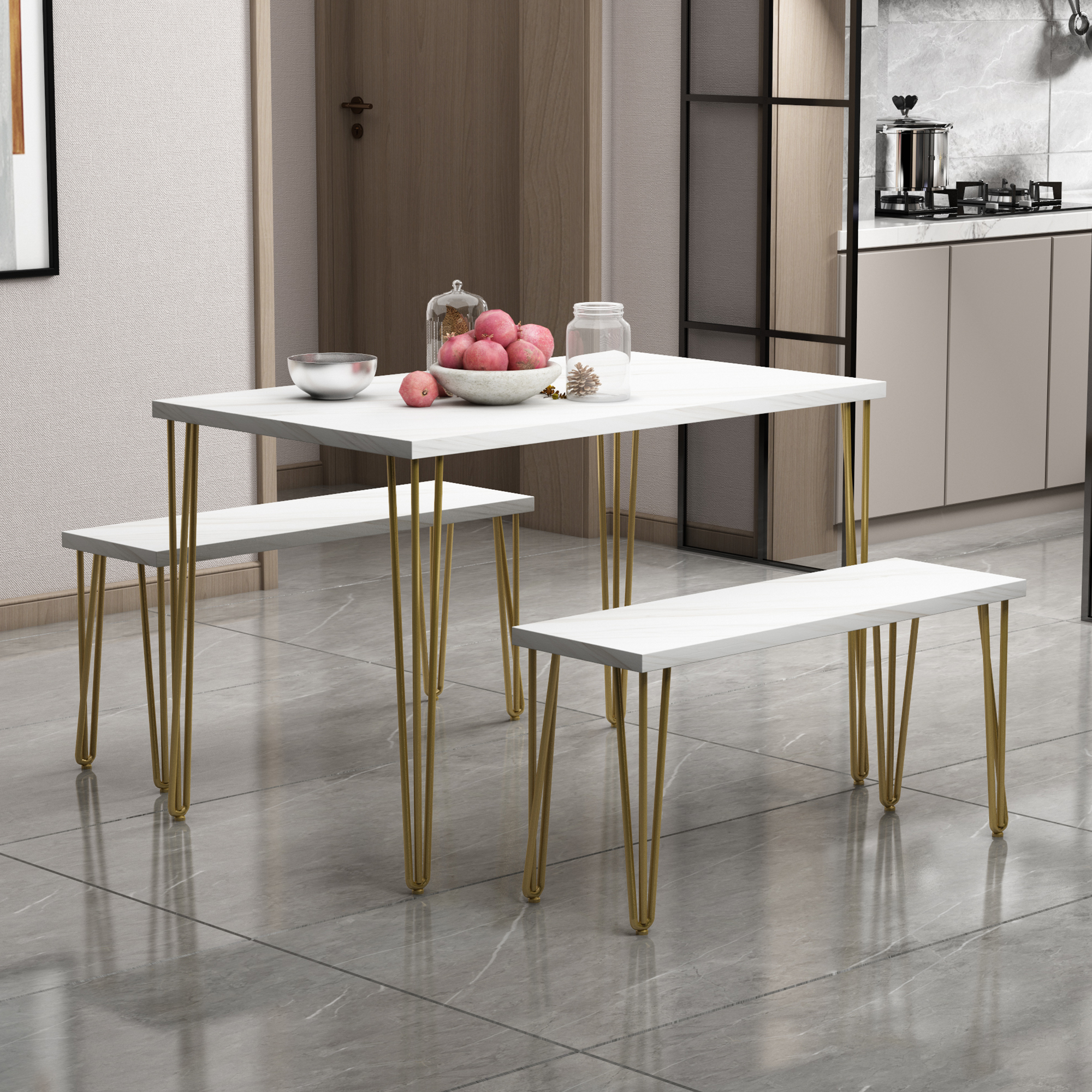Rustic Farmhouse 3-Piece Dining Table Set with 2 Benches,Thick Table/Bench Top with Iron Frame for 4 in Small Places,Faxu Marble White+Gold Frame-Boyel Living