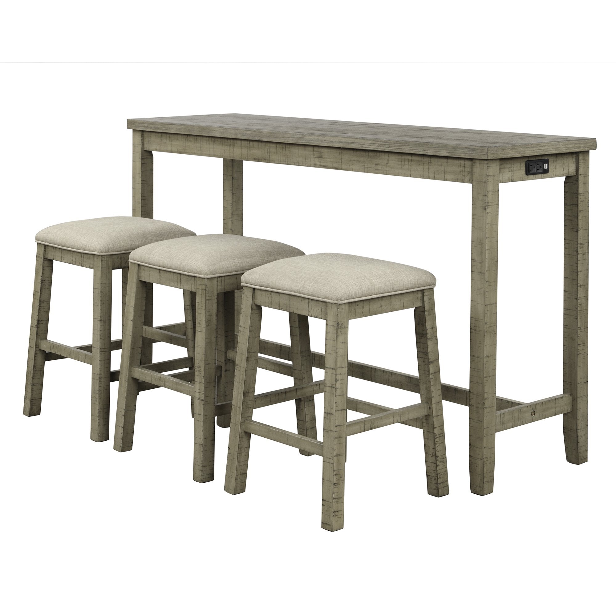 4 Pieces Counter Height Table with Fabric Padded Stools,Rustic Bar Dining Set with Socket,Gray Green-Boyel Living