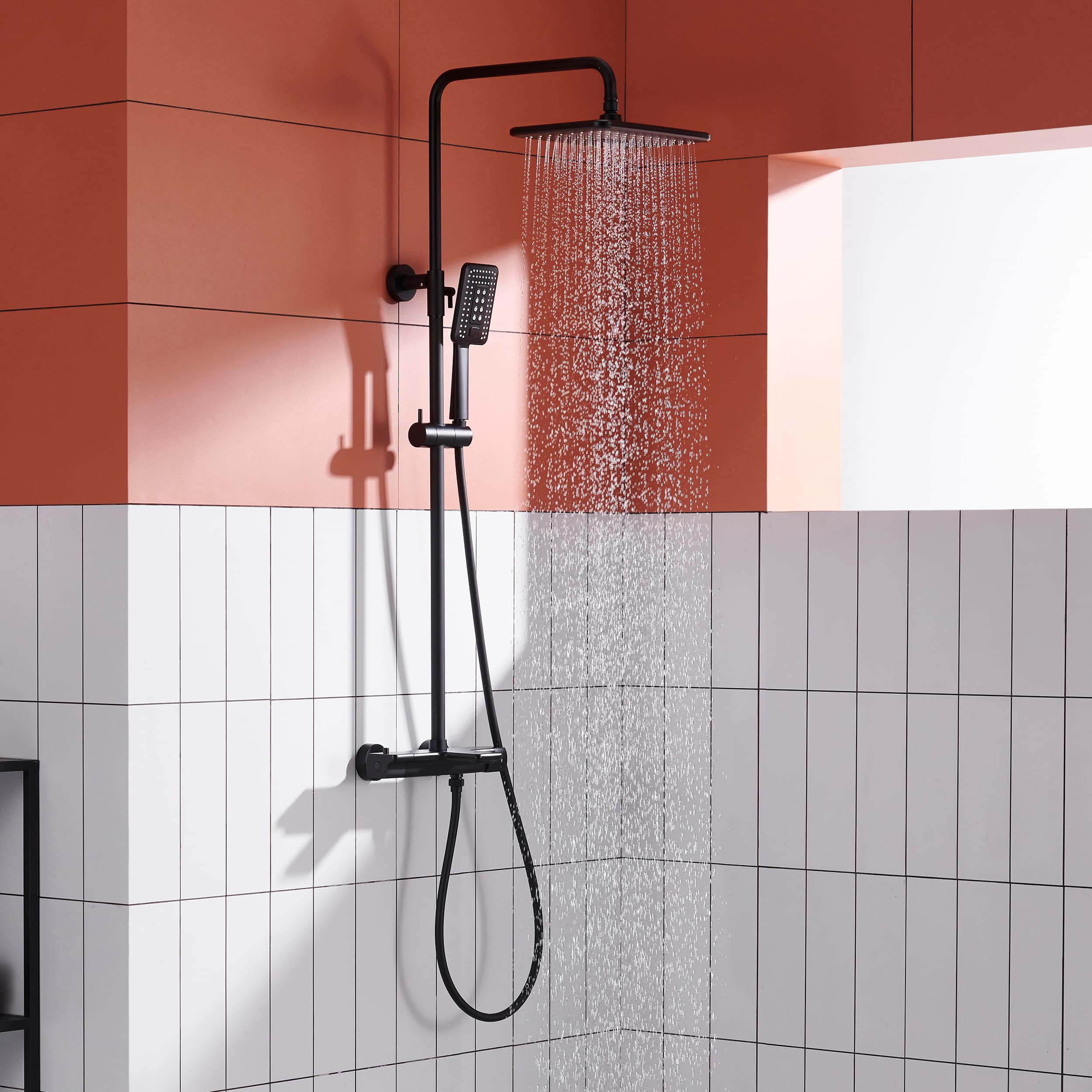 Wall Mount Thermostatic Rain Shower System with Handheld Shower and Tub Spout in Matte Black-Boyel Living