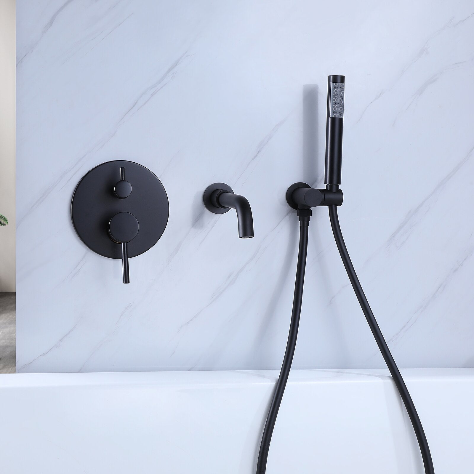 2-Handle Wall Mount Tub and Shower Faucet with Hand Shower in Black Valve Included-Boyel Living
