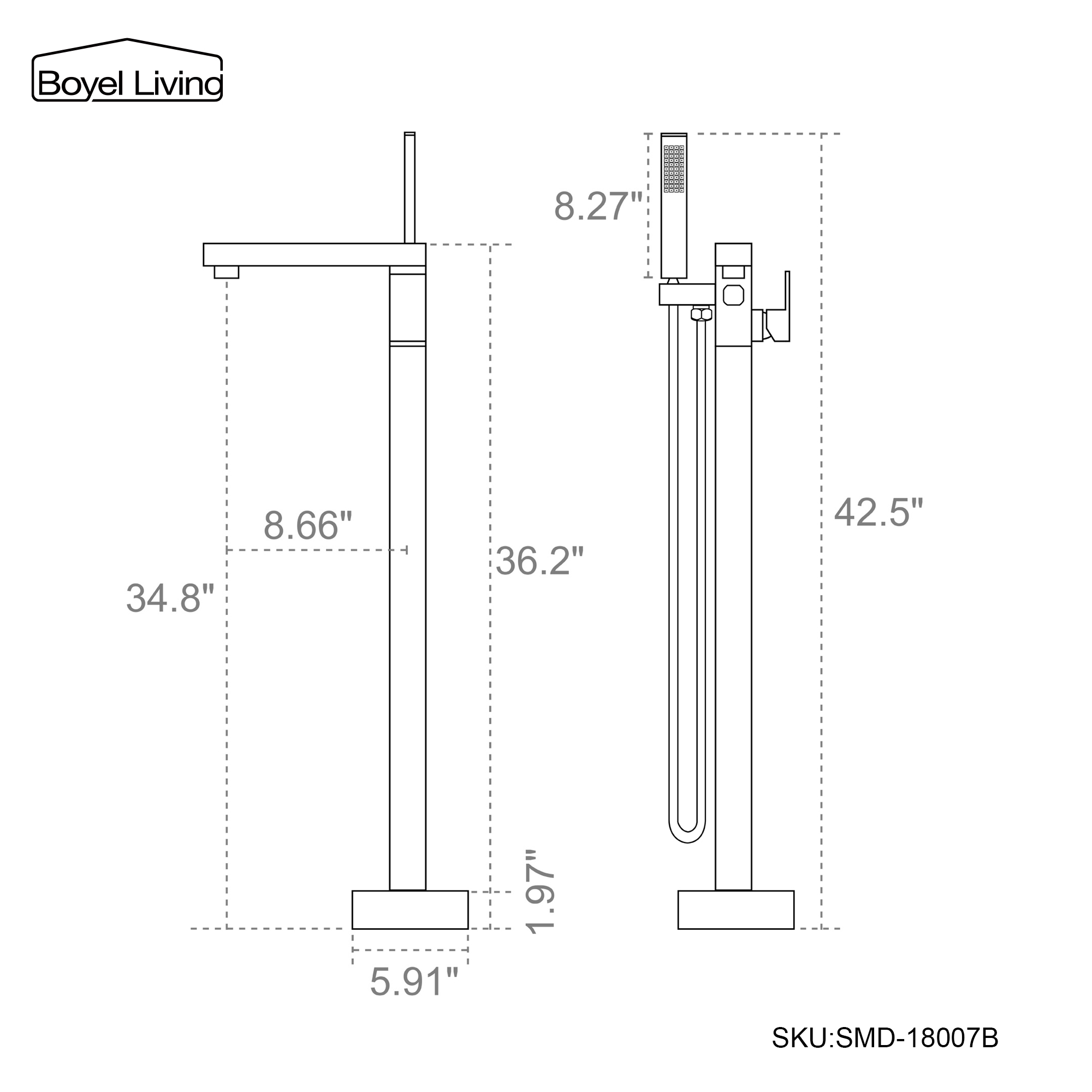 Boyel Living Freestanding Floor Mount Single Handle Bath Tub Filler Faucet with Handheld Shower in Matte Black-Boyel Living