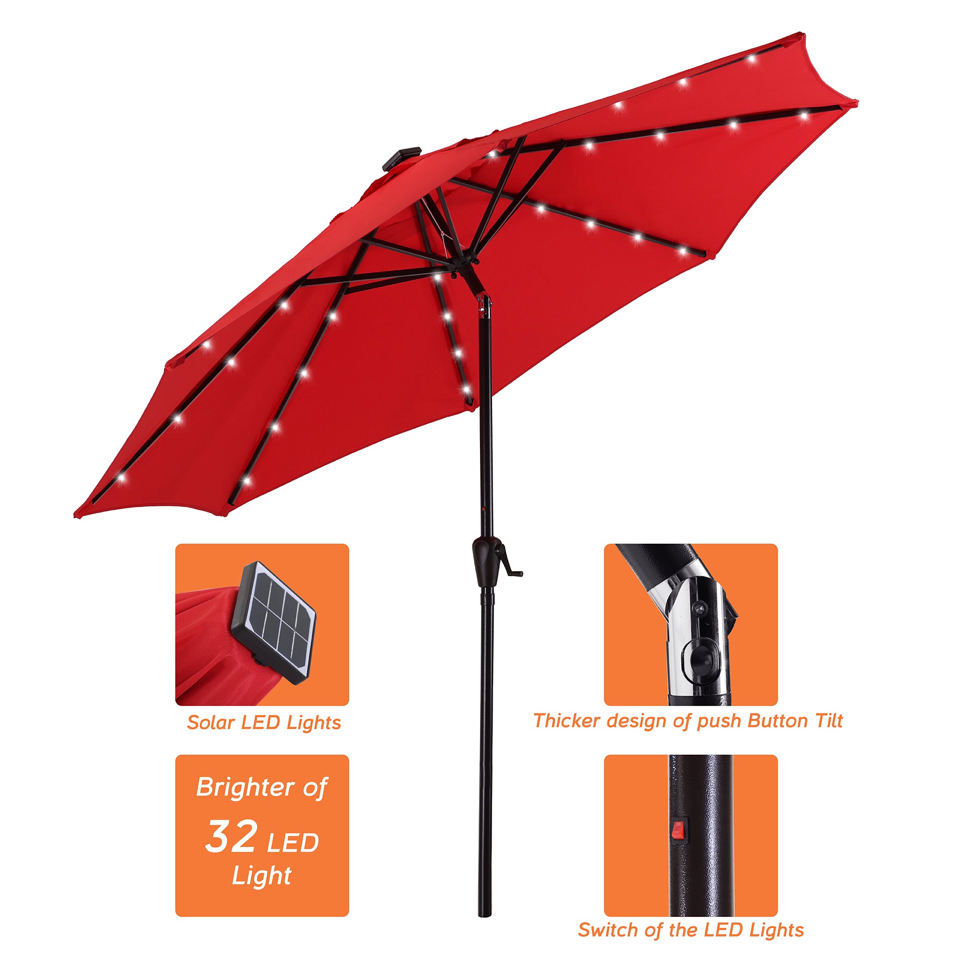 9Ft Patio Cast Aluminum Umbrella with 32 LED Solar Lights-Boyel Living