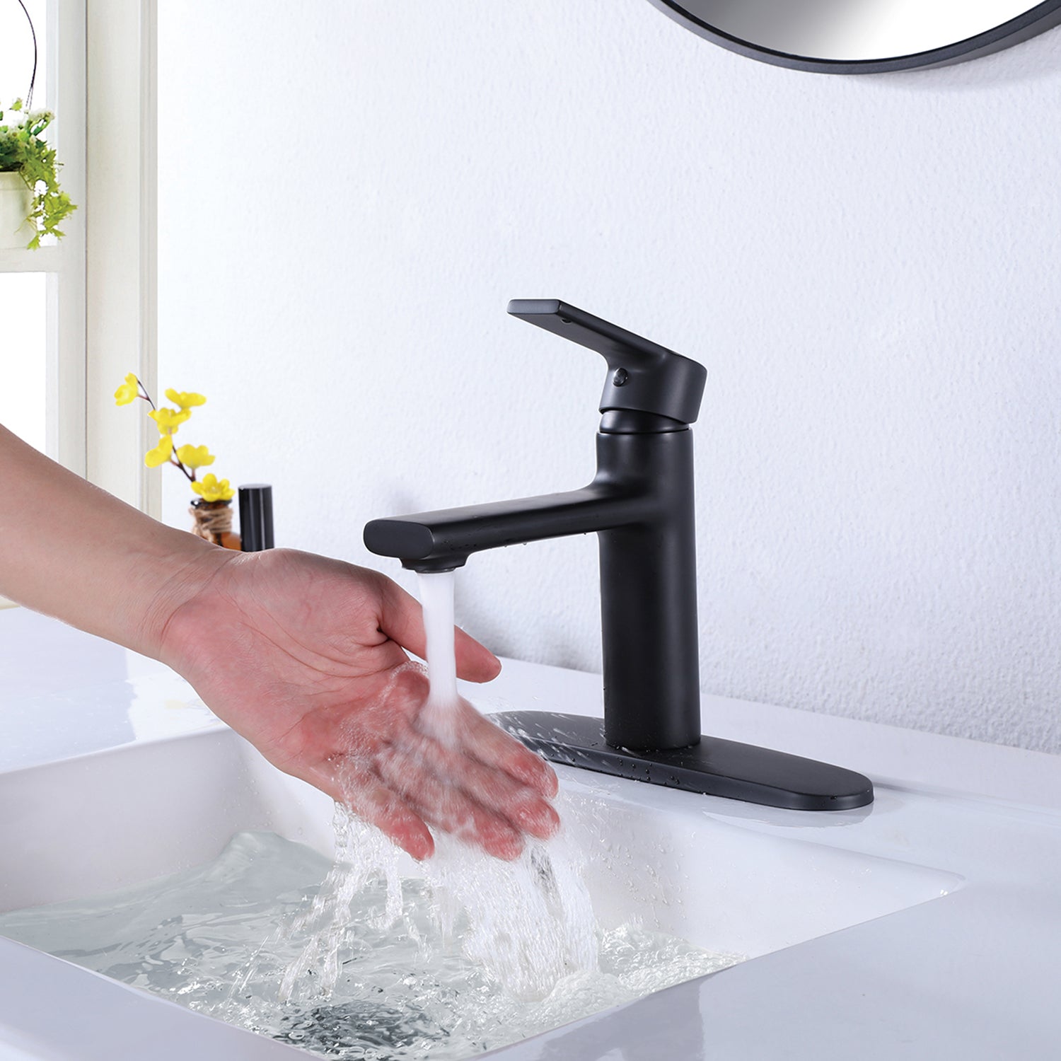 Boyel Living Waterfall Single Hole Single-Handle Bathroom Faucet with Deck Plate in Matte Black-Boyel Living